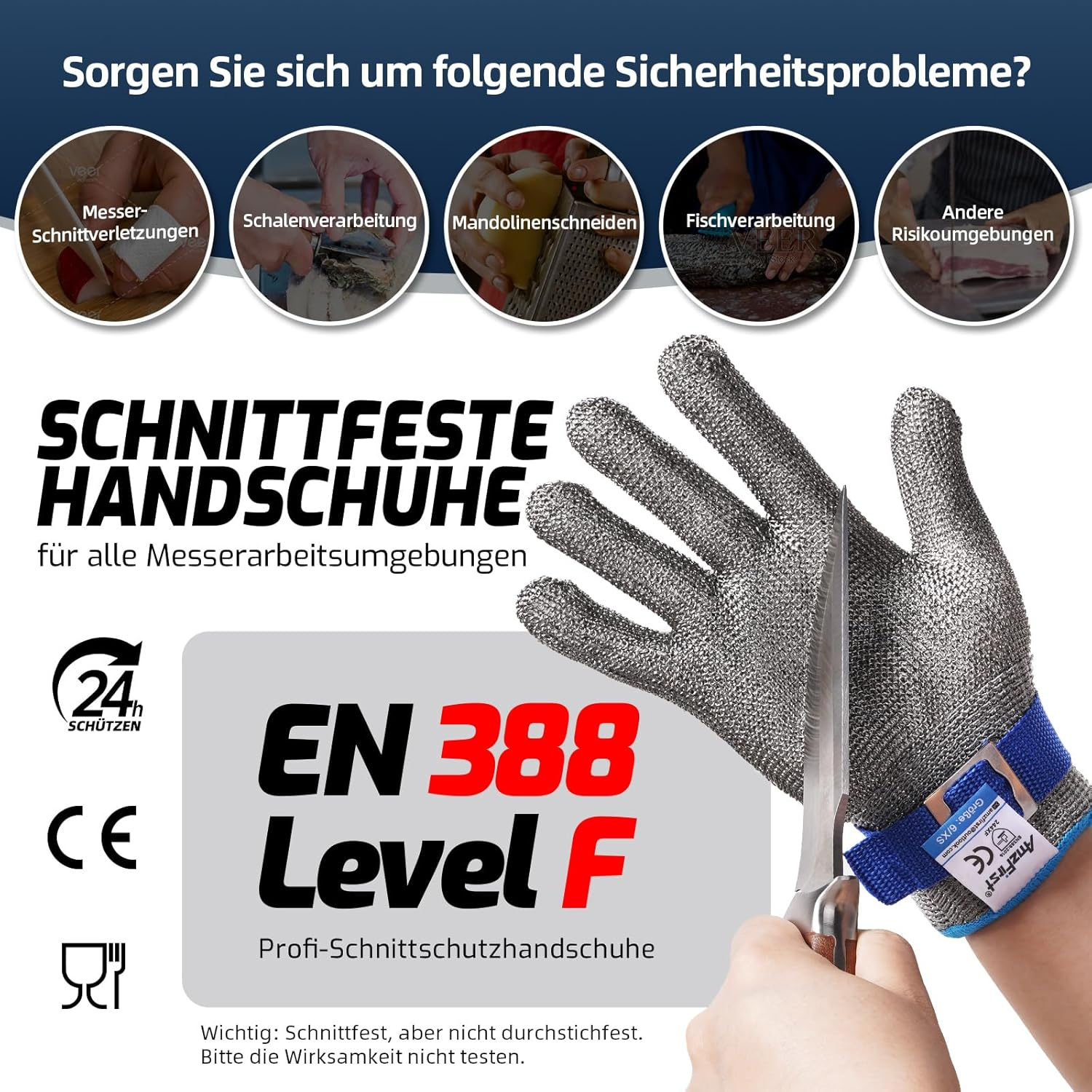 Amzfirst Cut Protection Gloves Kitchen, Powerful Level 9 Protection, Stainless Steel Wire Metal Mesh Work Gloves, Chain Glove, for Mandolin Cutting, plus Inner Gloves image number 4