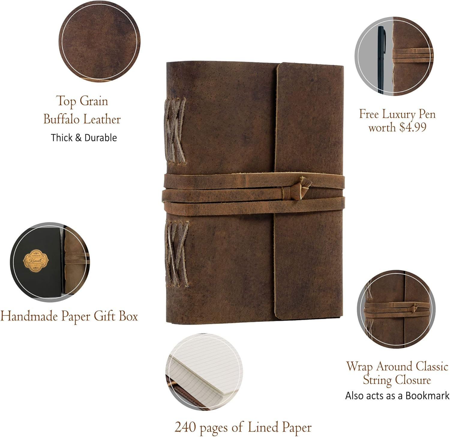 Komalc Leather Journal Lined Paper with Luxury Pen Handmade Leather Journal/Writing Notebook Diary/Bound Daily Notepad for Men & Women Medium Writing Pad for Artist 8 X 6 image number 4