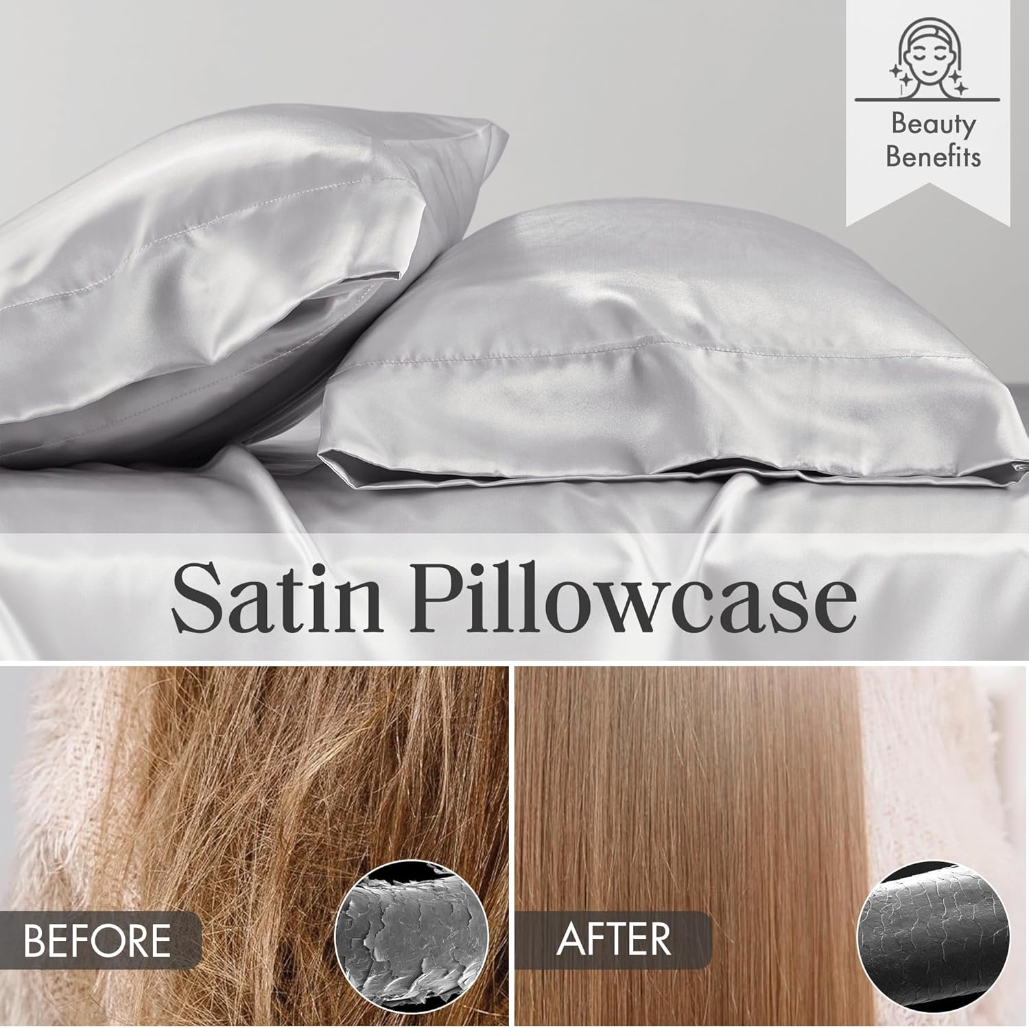 Madison Park Essentials Satin Sheet Set Luxury and Silky with Natural Sheen, Elastic 14" Pocket Fits up to 16" Mattress, All around Elastic - Year-Round Bedding, Queen, Light Grey, 6 Piece image number 4