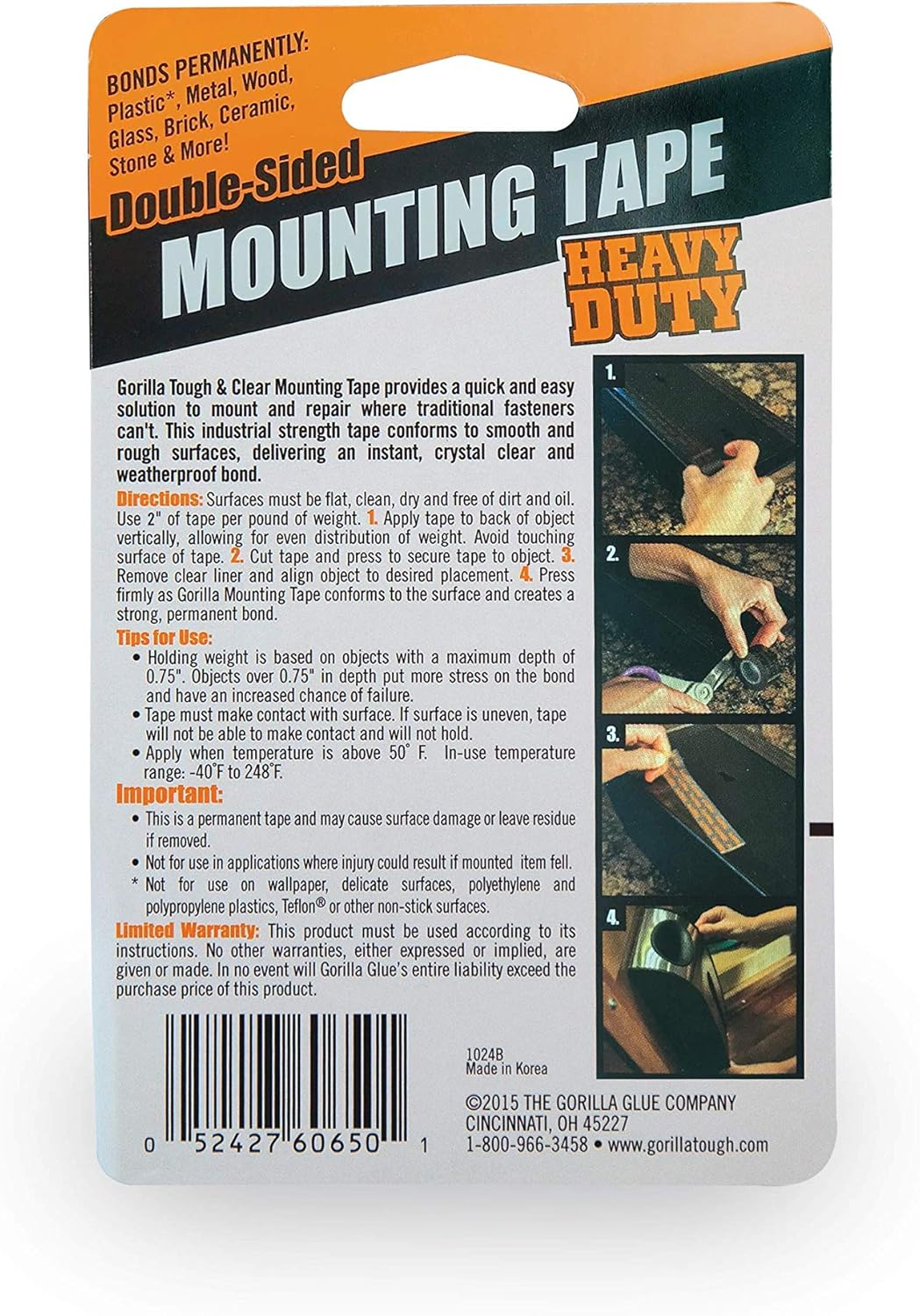 Gorilla Heavy Duty Double Sided Mounting Tape, 1" X 60", Black, (Pack of 6) image number 1
