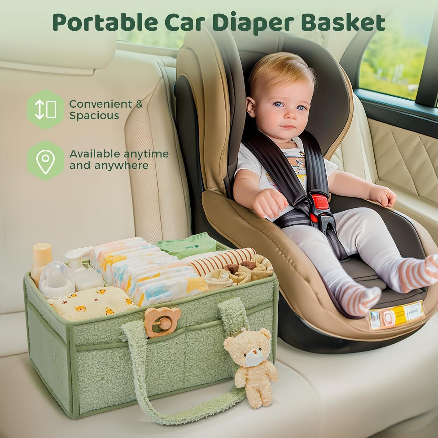 Baby Nappy Caddy Diaper Caddy Organizer， Baby Storage Basket for Diapers and Wipes，Portable Holder Tote Holder Tote Bag ， Car Nursery Organizer Diaper Bag Gift Accessories， Bring a Bear (Green)