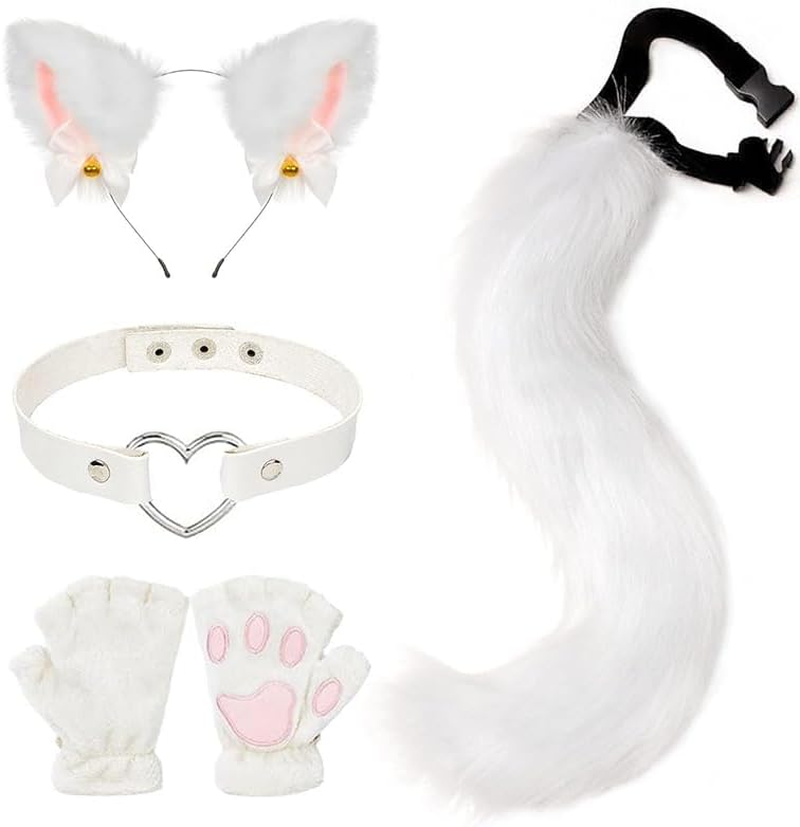 Faux Fur Fox Tail Cat Wolf Cosplay Costume Set, Cats Ear Headbands Tail Cats Paw Glove Leather Neck Chocker Set Halloween Christmas Party Animal Role Play Accessories (White) image number 1