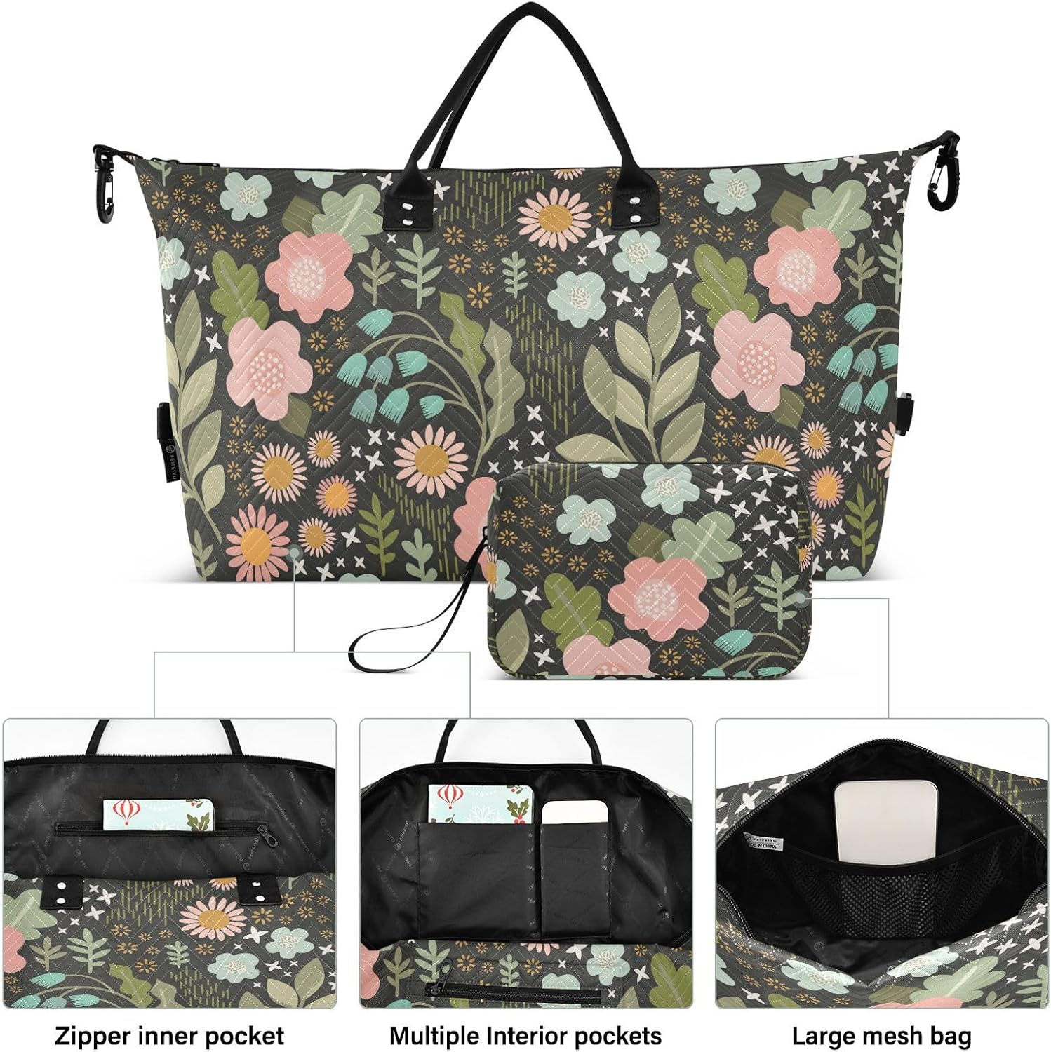 Duffel Bags Carry on Shoulder Weekend Tote Delicate Floral Adventure Gym Sports Carry with Adjustable Strap For, Delicate Floral Adventure, Set of 2, Art Deco image number 5