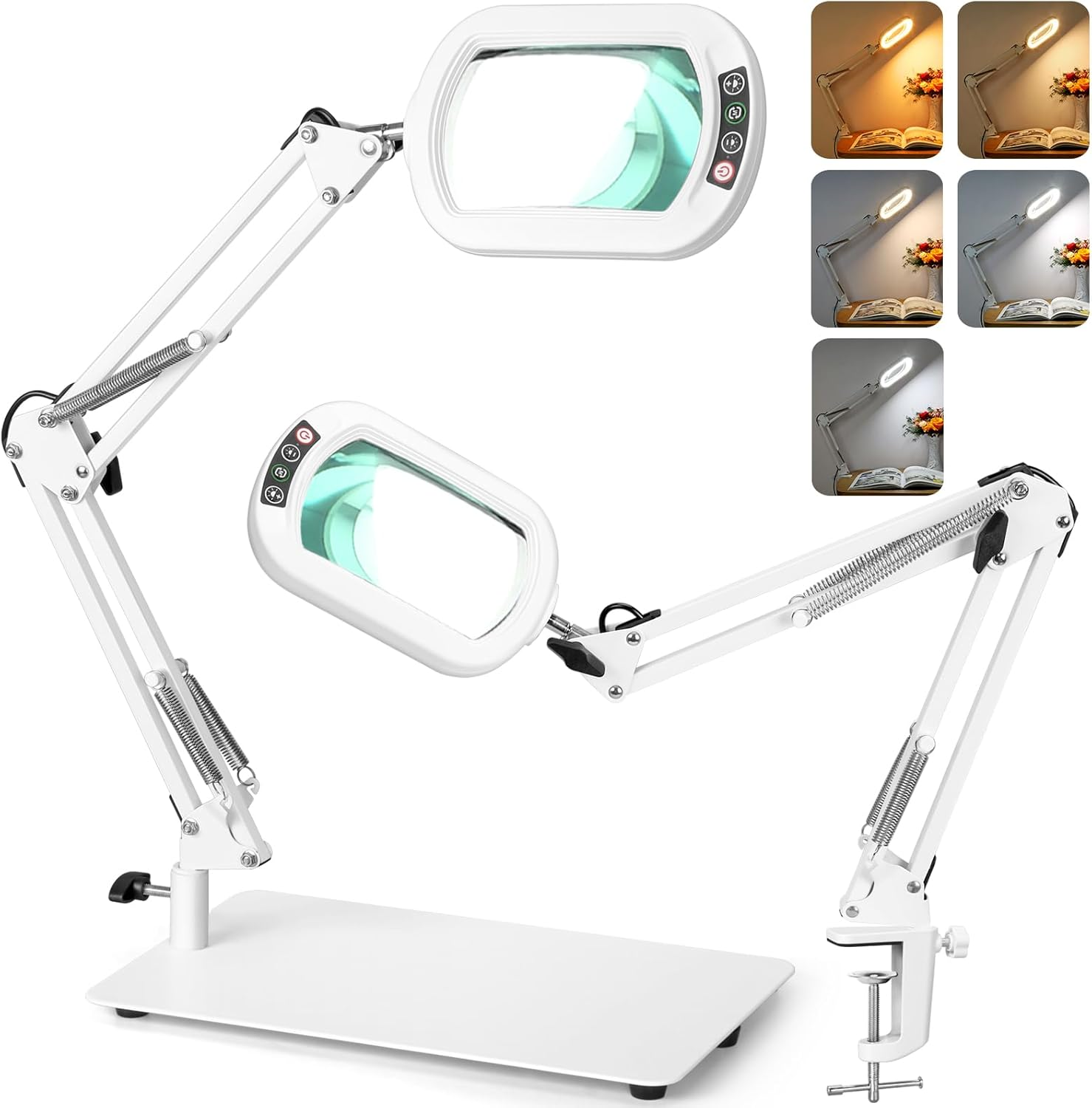 Veemagni 10X Rectangle Magnifying Glass with Light and Stand, 5 Color Modes Stepless Dimmable, 2-In-1 LED Lighted Desk Lamp & Clamp, Hands Free Magnifier for Reading Crafts Repair Painting Close Work