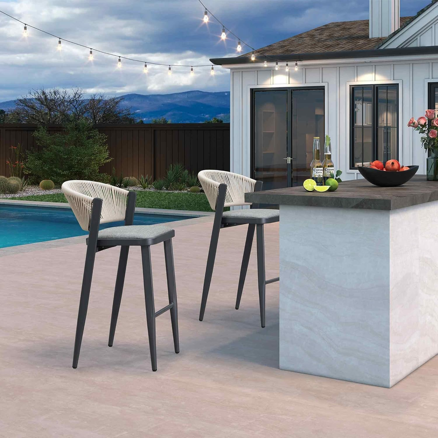 Purple Leaf Bar Stools All Weather Metal Outdoor Chair with Comfy Rattan Back and Cushion Modern Bar Height Stool for Patio Balcony Pool Dining Room Outdoor Indoor,Grey image number 6