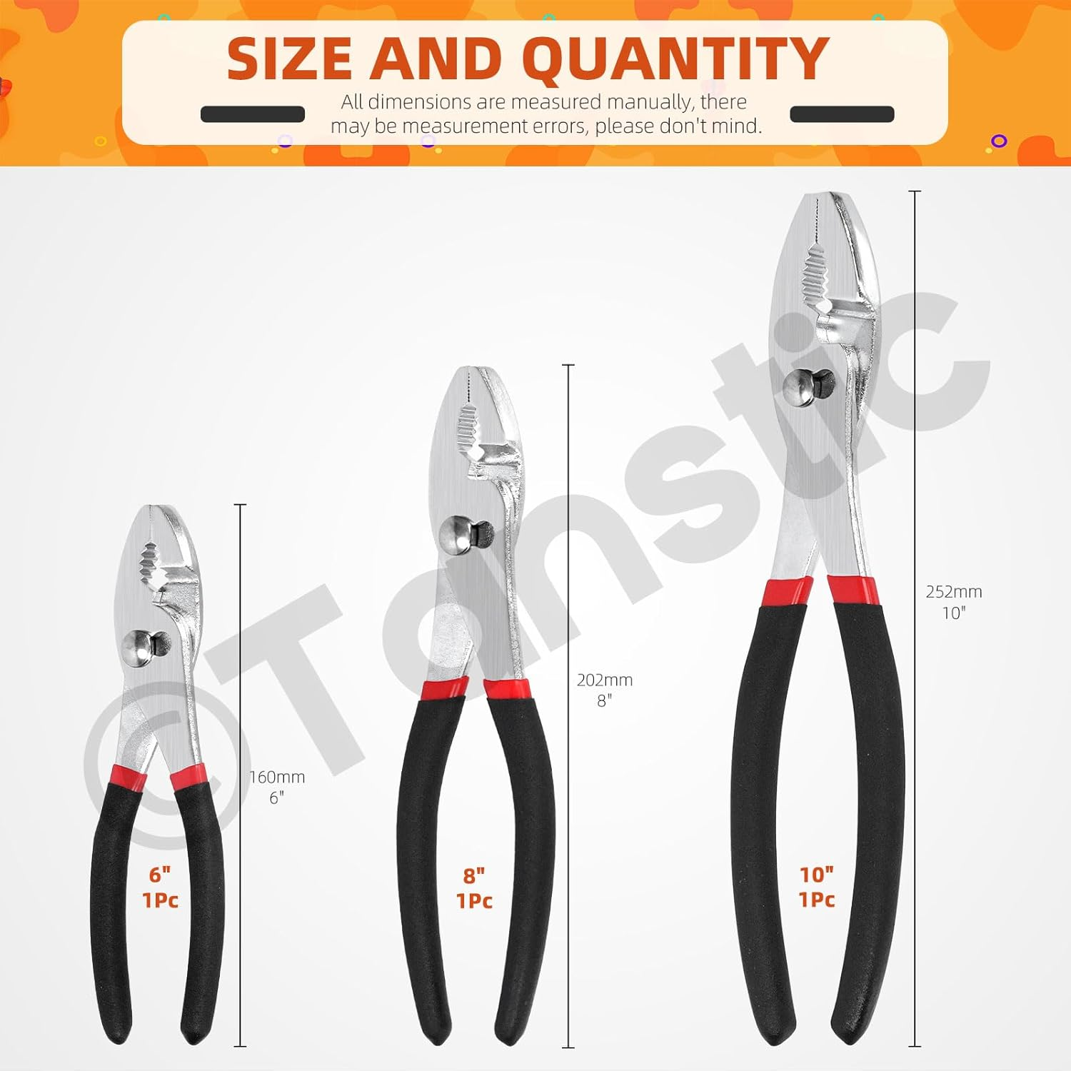 Tanstic 3Pcs 6" 8" 10" Slip Joint Pliers Set, Heavy Duty Carbon Steel Slip-Joint Pliers with Non Slip Handle image number 3