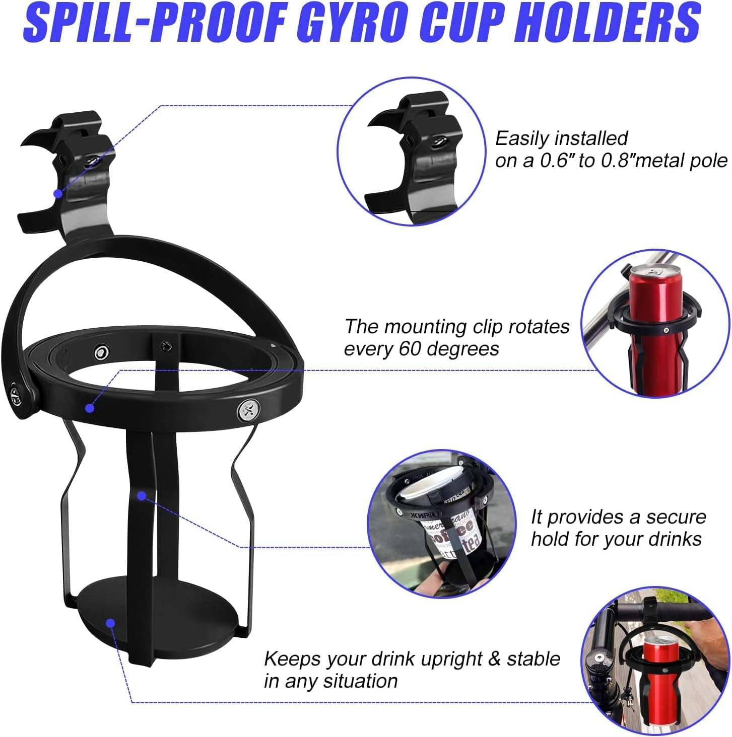 Gyroscopic Self-Leveling Cup Holder, 1Pc Gyroscopic 360&deg; Rotatable Universal Cup Holder Expander Clamp, Anti-Spill Gyroscopic Cup Holder for Car or Bike, Black image number 3