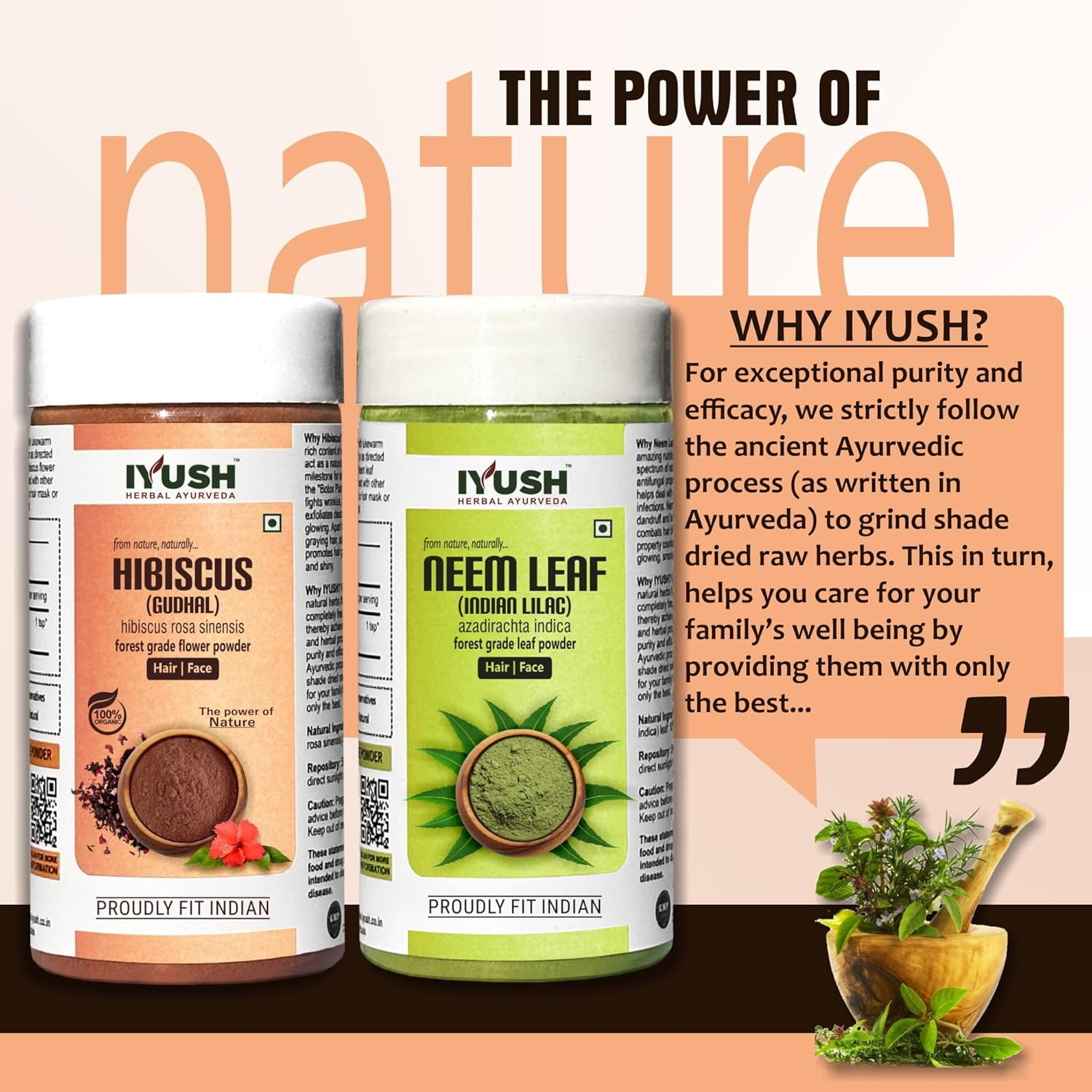 IYUSH Herbal Ayurveda Neem Powder and Hibiscus Powder for Hair Growth &ndash; 200Gm | Hair Mask for Smoothening Hair | Hair Mask for Hair Growth | Face Pack Powder | Skin Care & Hair Care | (100Gm Each) image number 3