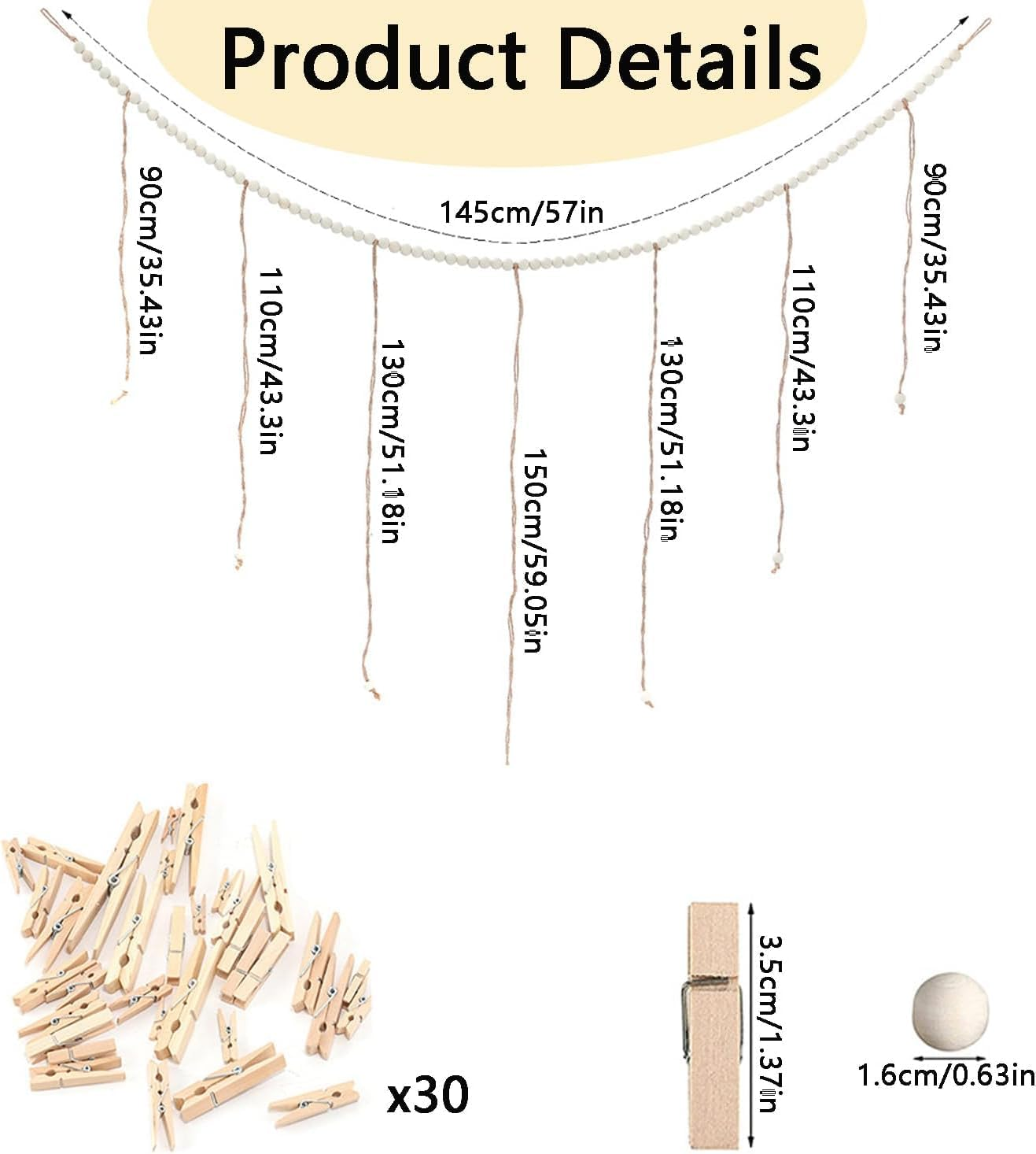 Boho Hanging Photo Display with 30 Clips Wooden Beads, Collage Hanging Picture Frames with String, Photo Garland Wall Decor for Bedroom Living Room Dorm Art Teenager Girl image number 3