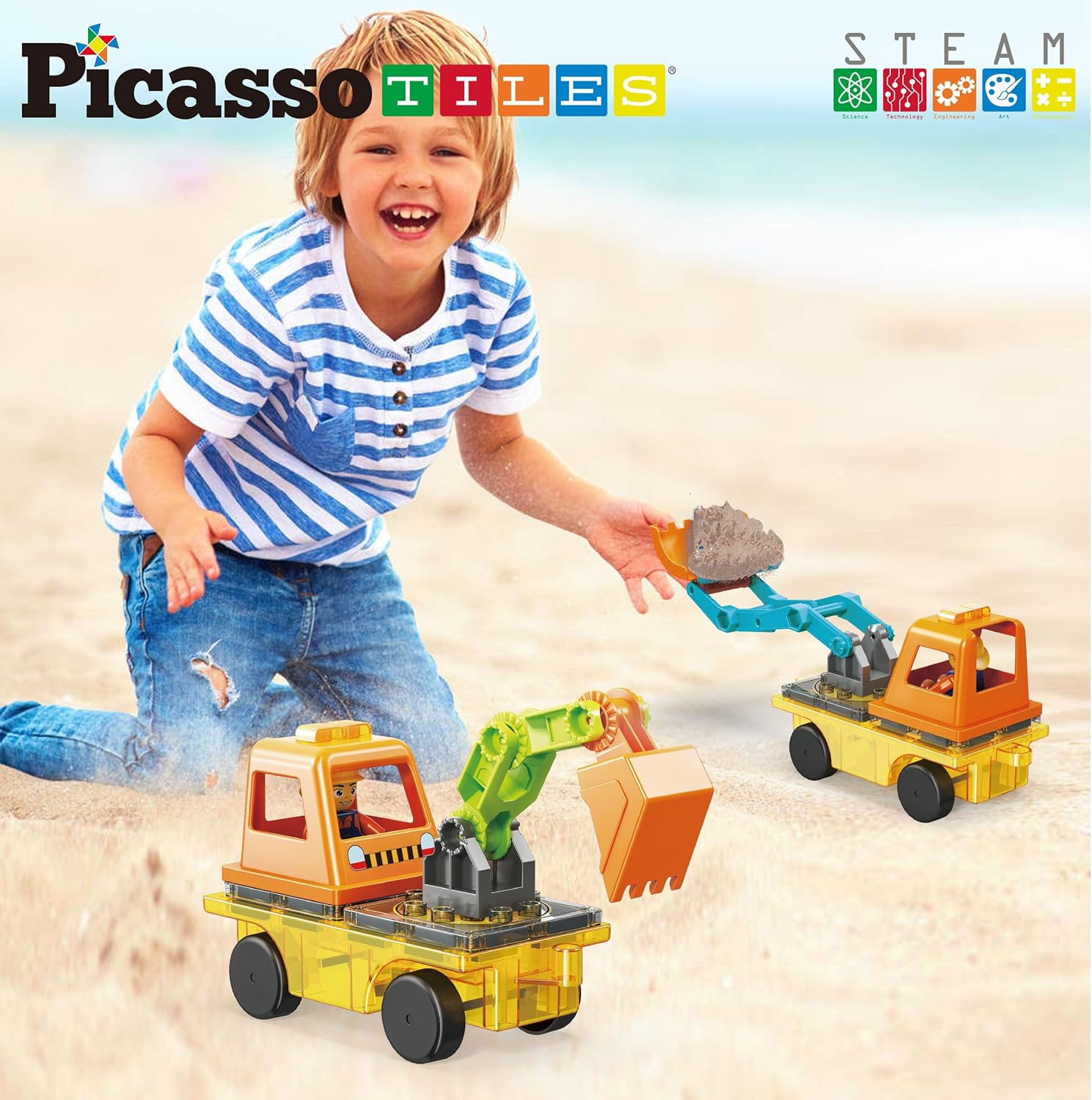 Picassotiles Magnet Tiles Building Block 2-In-1 Excavator & Backhoe Brick Compatible Construction Playset with Car Base Magnetic Character Action Figure STEM Educational Learning Toy Kit Age 3+ PTU04 image number 2
