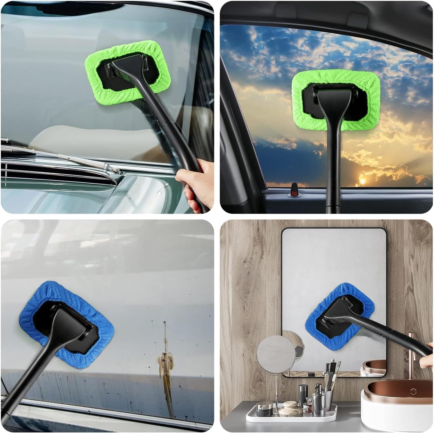 4Pcs Microfiber Car Window Cleaner Pads with Handles and Squeegee, Long Handle Microfiber Windshield Cleaning Wand Cloth Demister Pad, Microfiber Auto Window Cleaner Set image number 5