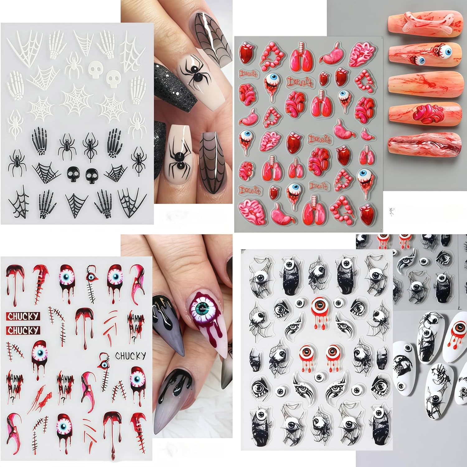 Longfng Halloween Nail & Tattoo Sticker Set &ndash; 4 Sheets 3D Nail Decals, 9 Sheets Skeleton Hand & Scary Temporary Tattoos for Kids & Adults Party Decorations image number 5