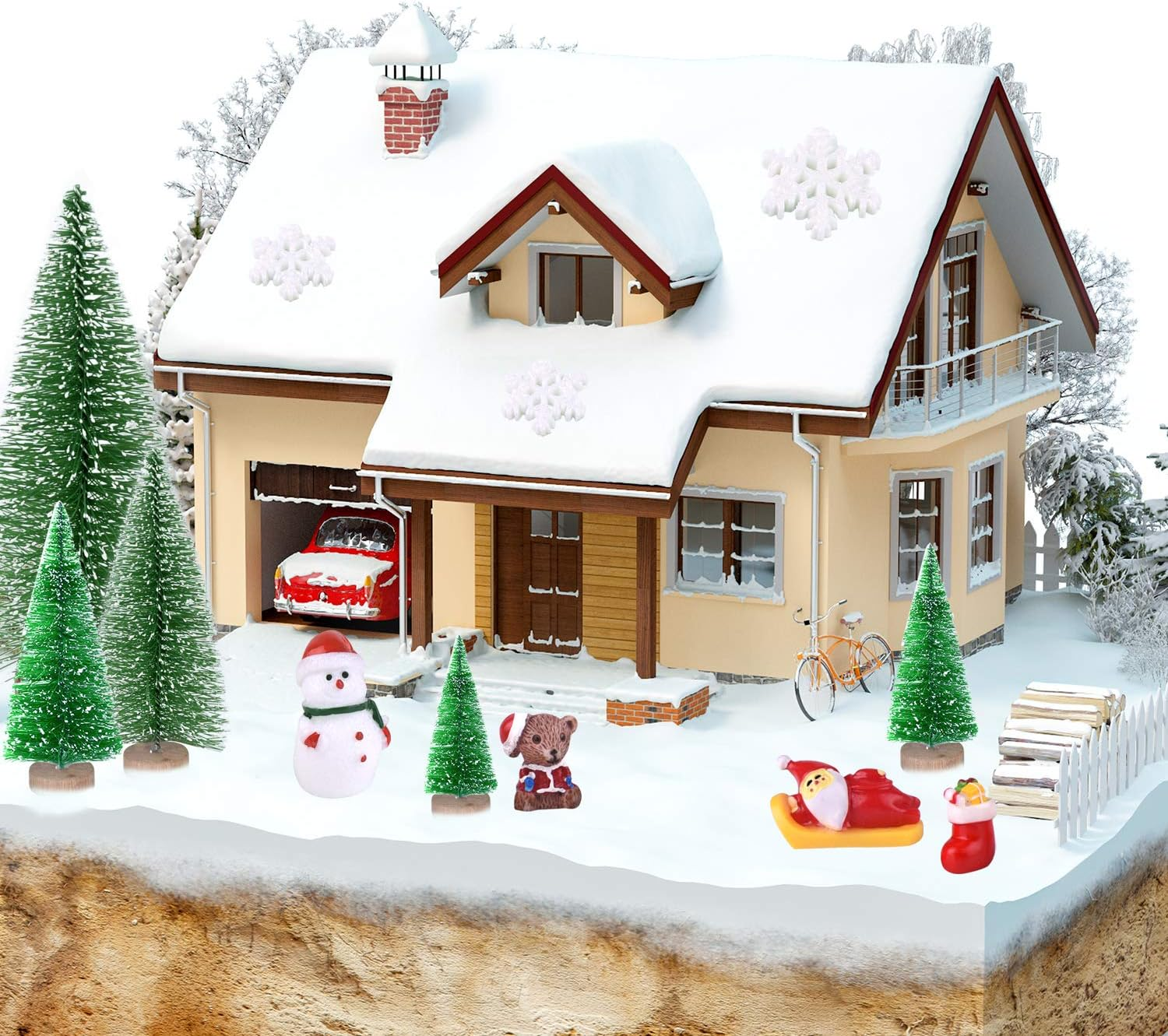 KUUQA 46Pcs Mini Christmas Village Trees Bottle Brush Trees Sisal Snow Forested Trees with Christmas Wreaths for Christmas House Decorations, Diorama Models