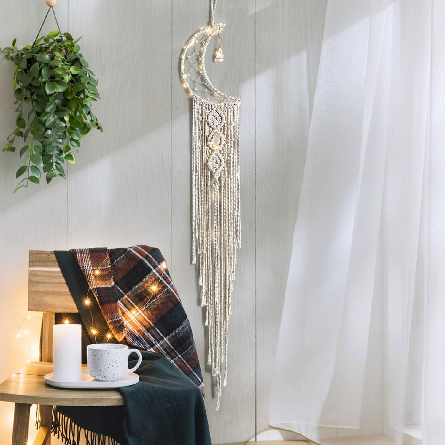 Dremisland Macrame Woven Wall Hanging Moon Dream Catcher with Natural Crystal Stone- Boho Chic Bohemian Home Decor Wall Art Decor with String Lights - Beautiful Apartment Dorm Room Door Decoration image number 6