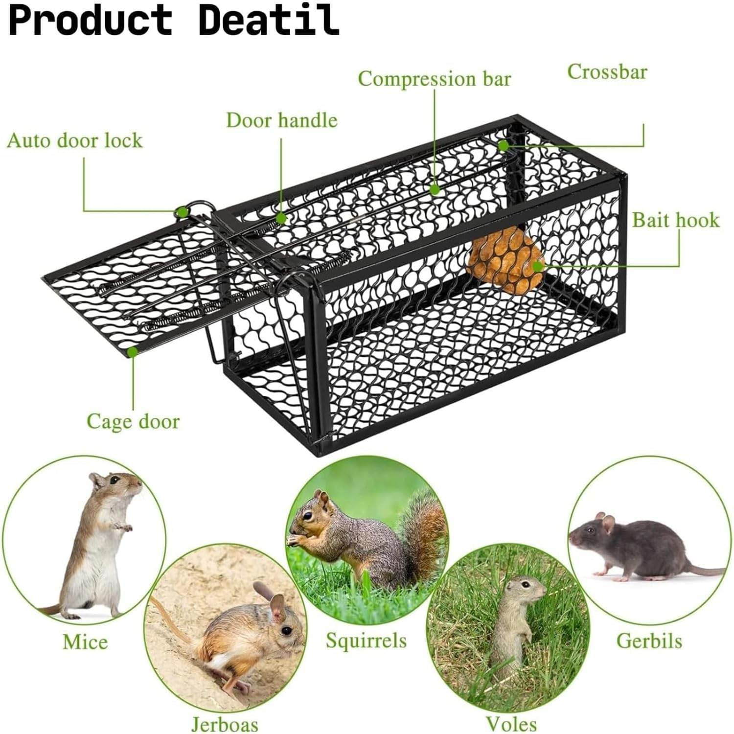 2 Pack Animal Live Cage Trap Humane Rat Trap Live Mouse Traps Reusable Metal Cage Trap to Catch Rodent,Mice,Squirrel,Weasel,Hamster,Chipmunk for Indoor or Outdoor Size 9.45"X4.5" X4.5" (Black) image number 4