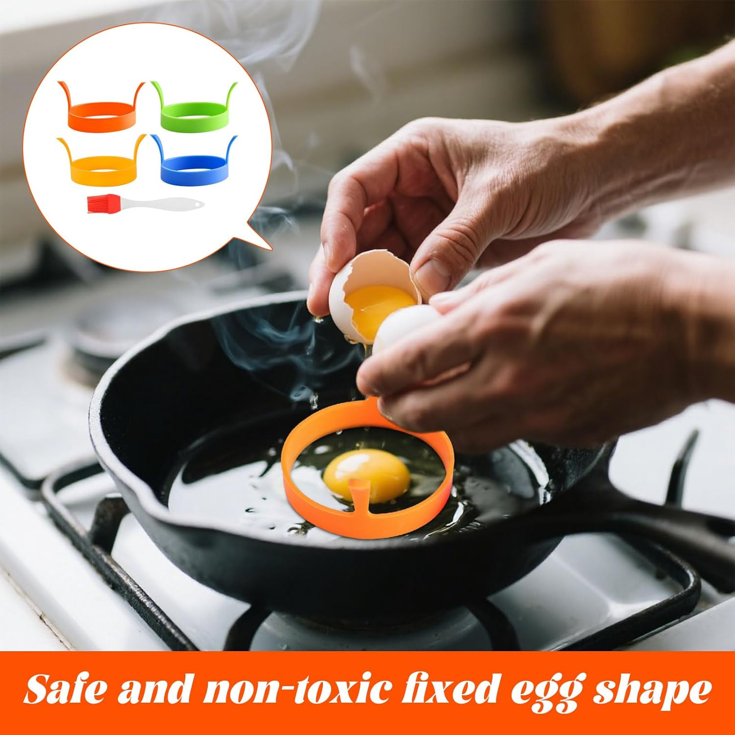 Egg Rings, 4Pcs Egg Ring, Silicone Egg Molds, Silicone Eggs Rings Mold with Brush, Kitchen Baking Tools with Easy Handles, Non-Stick Molds for Fried Eggs, Cooking, Pancakes, Breakfast Sandwiches image number 2