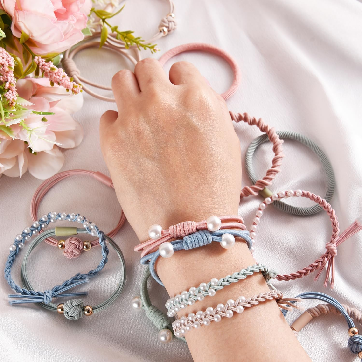 Pack of 20 Boho Hair Bobbles for Women, Braided Hair Scrunchies with Beads, Cute Ponytail Holders for Women, Girls, Thick Thin Hair, Boho Hair Scrunchie Bracelets image number 2