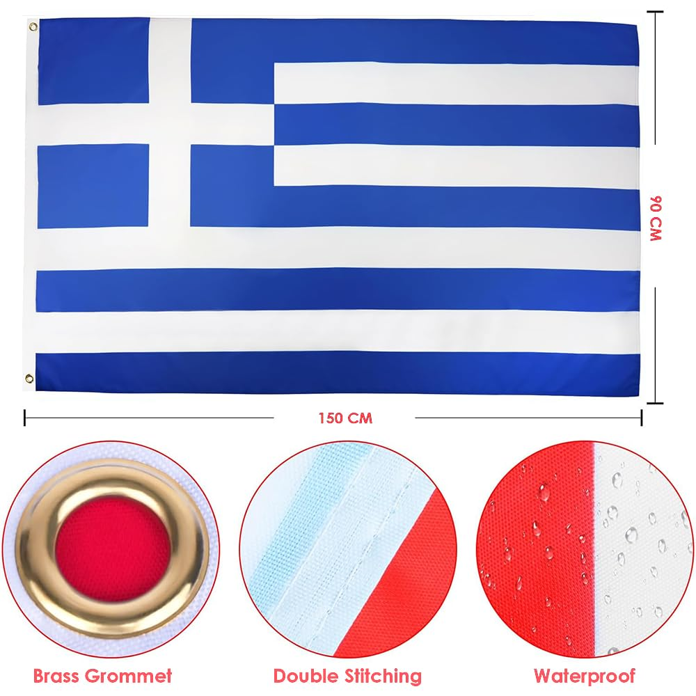Greece Flag 90 * 150 Cm(3 * 5FT), Greek Flag,Polyester Thickness, Fade Resistant, Brass Grommets, Canvas Header, Indoor/Outdoor, Vibrant Colors,Not Fear of Rain and Snow image number 3