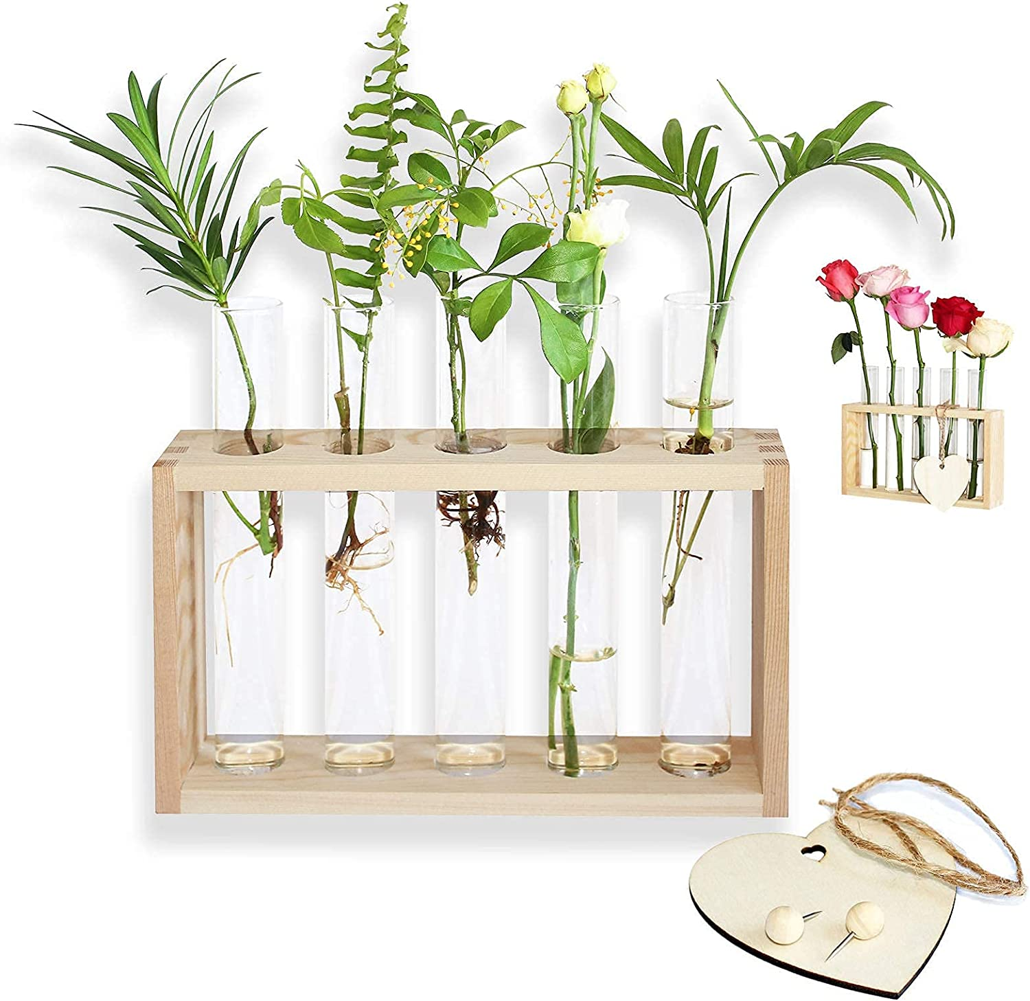 Laffeya Hydroponic Plant Stand, Plant Terrarium with Wooden Stand, Wall Hanging Test Tube Planter Modern Flower Bud Vase Stand, Plant Tabletop Terrarium, DIY Terrarium Kit image number 3