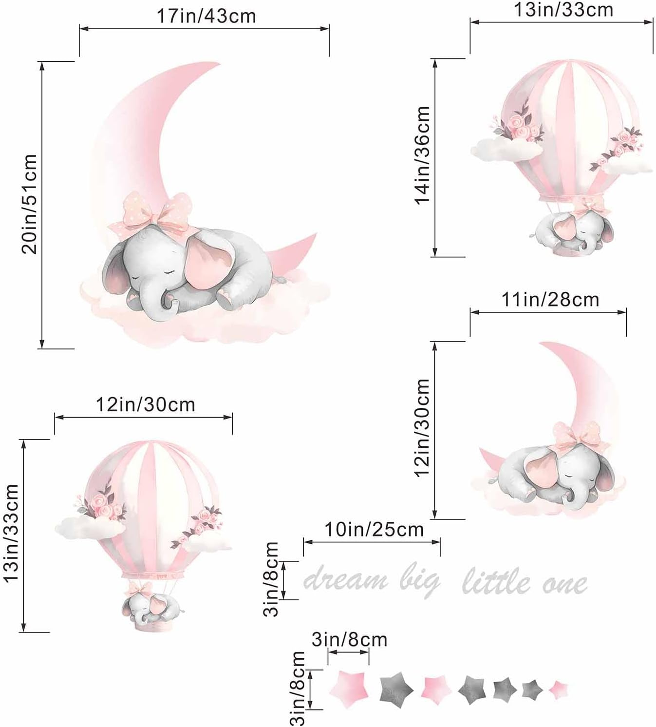 Elephant Balloon Wall Stickers for Nursery: Baby Kids Girls Boys Bedroom Wall Decals - Pink Hot Air Balloon Moon Stars Dream Big Little One