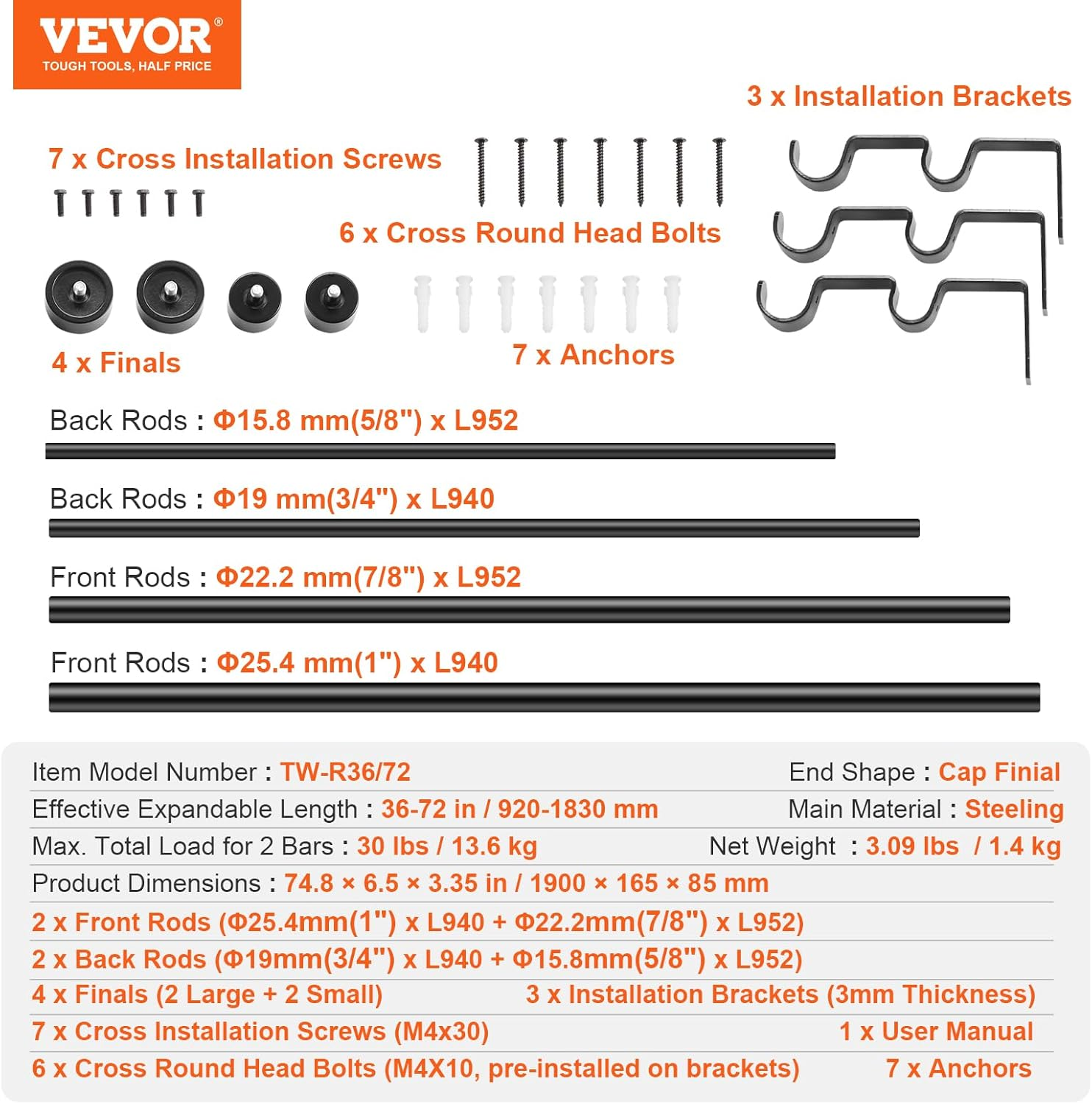 VEVOR Double Rod Curtain Rods, 36-72 Inches(3-6Ft) Adjustable Length, Black Double Curtain Rods with Cap Finials, 1" and 3/4" Diameter, Double Window Drapery Rod for Sheer and Blackout Curtains image number 1