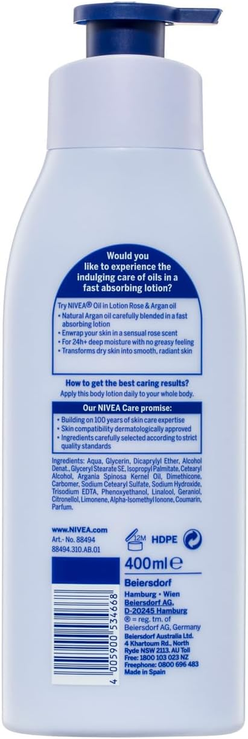 NIVEA Oil Infused Body Lotion with Rose and Argan Oil 400Ml | 24-Hour Hydration | Fast-Absorbing Formula | Delicate Floral Scent | Softens Dry Skin | Perfect for Everyday Use