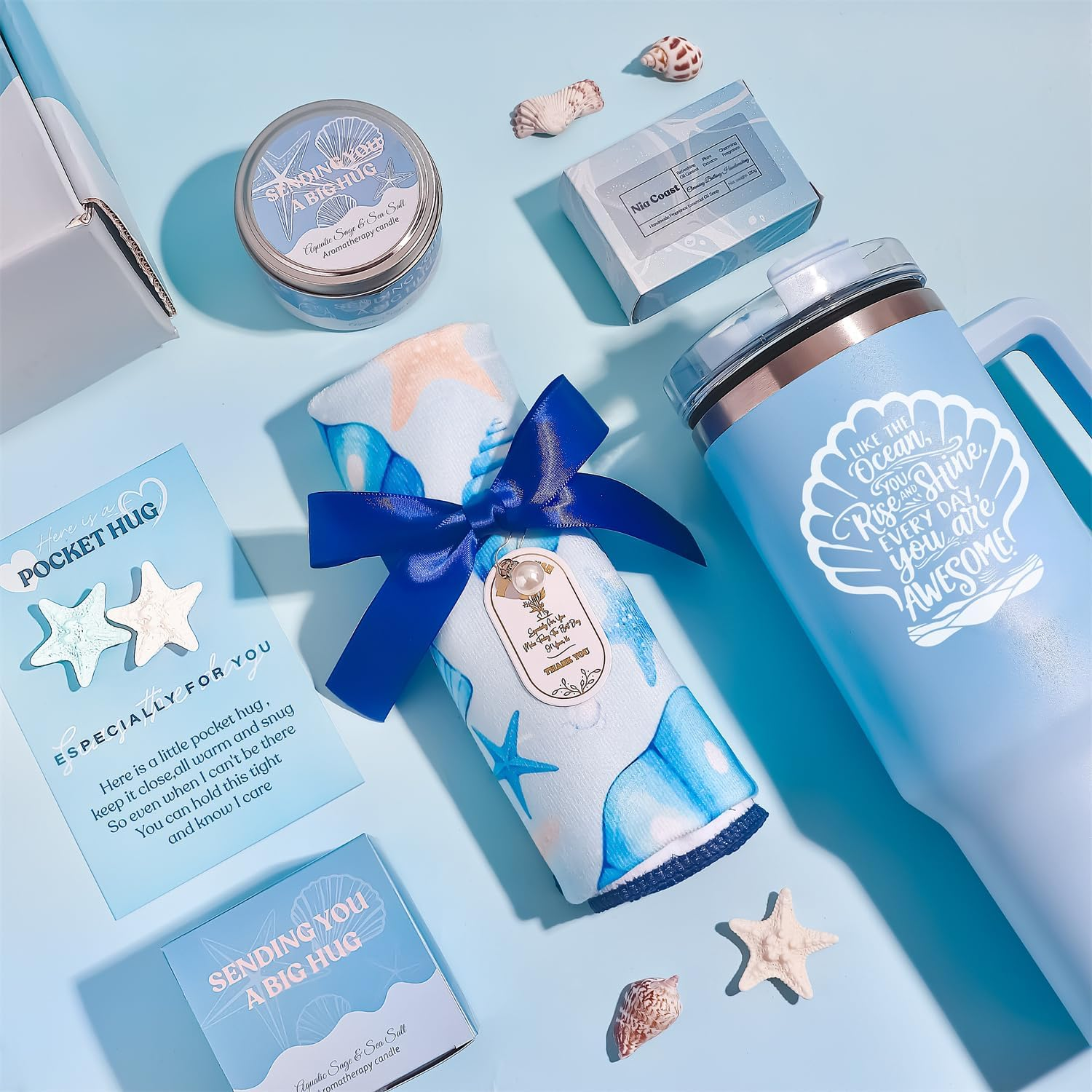 Birthday Gifts for Women,Ocean Themed Self Care Package Spa Gift Baskets Get Well Soon Gift Set with 40Oz Shell Tumbler, Soy Candle, Bath Bomb, Hair Towel, Fuzzy Socks, Soap, Blue image number 6