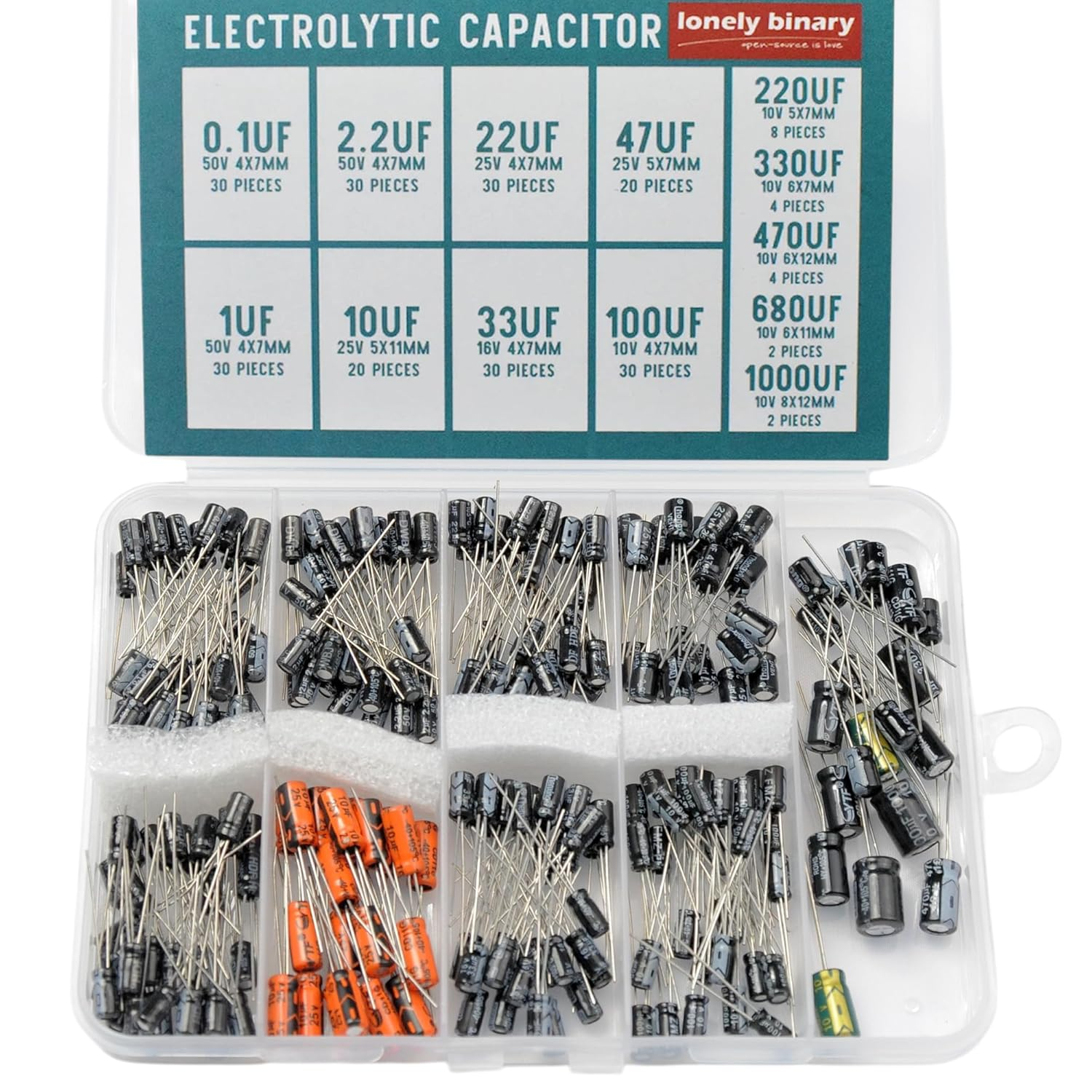 240-Piece Electrolytic Capacitor Assortment Kit &ndash; 13 Values from 0.1&Mu;f to 1000&Mu;f in Compact Organizer Box for Arduino, Raspberry Pi, ESP32, DIY Electronics, and Repair Projects image number 1