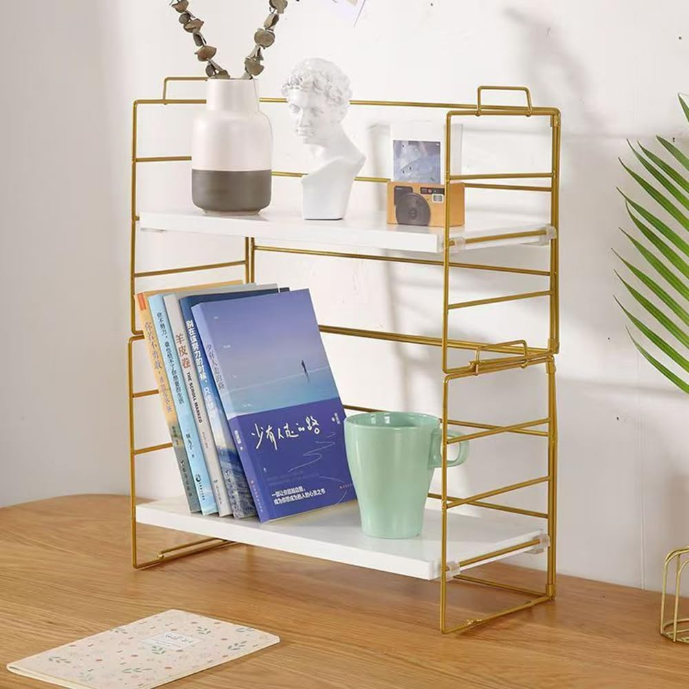 Hbluefat Desktop Organiser Shelf, 2 Tier Adjustable Computer Desk Bookshelf, Small Wood Countertop Bookcase, Dresser Tabletop Display Rack for Home Office (White+Gold)