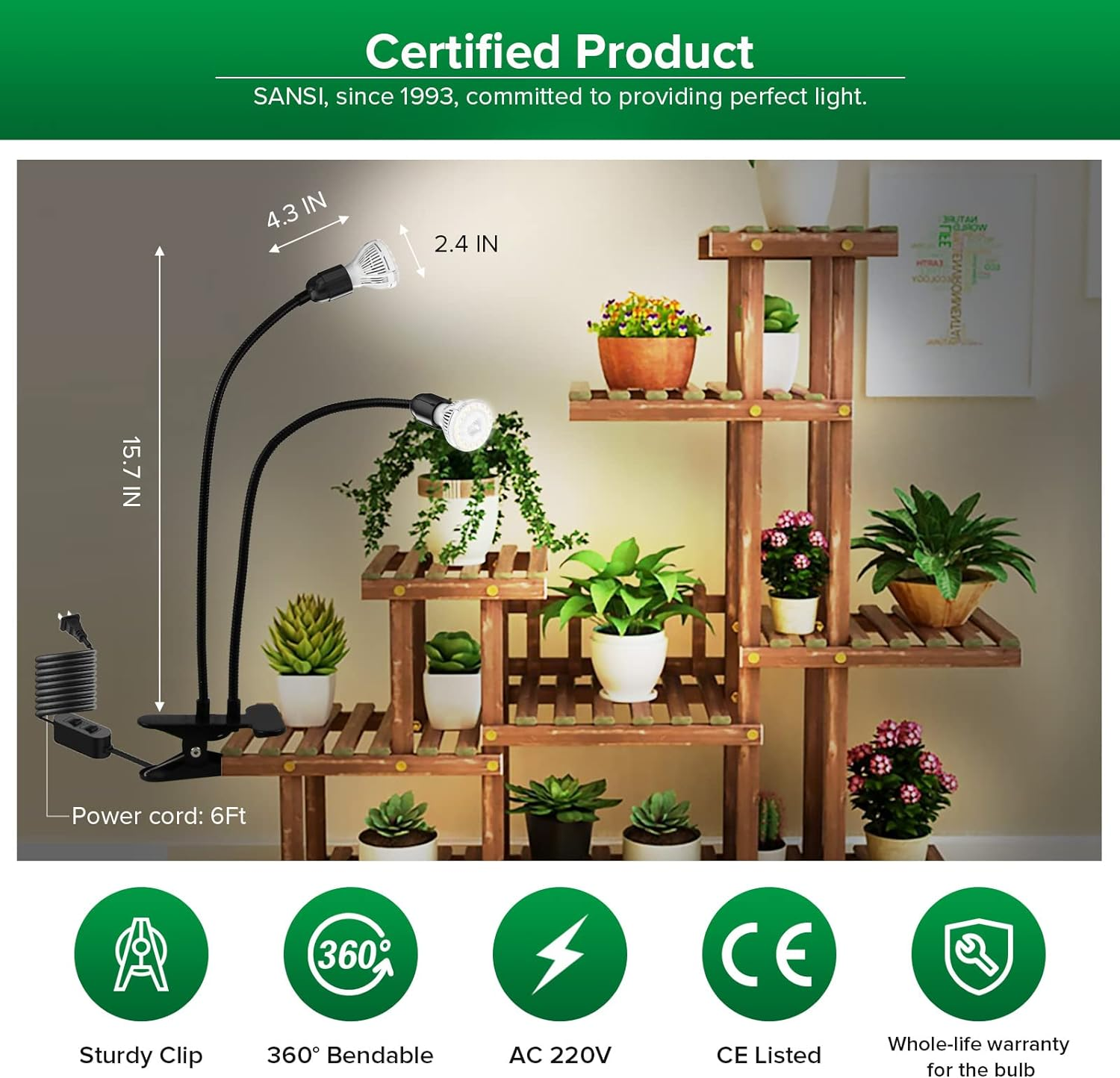 SANSI Plant Lamp 20 W Full Spectrum Growth Lamp, Strong Grip Clip Fixed, 360&deg; Gooseneck, Suitable for Indoor Plant Growth, Garden, Greenhouse, with 2 E27 Plant Growth Lamps, Metal image number 2