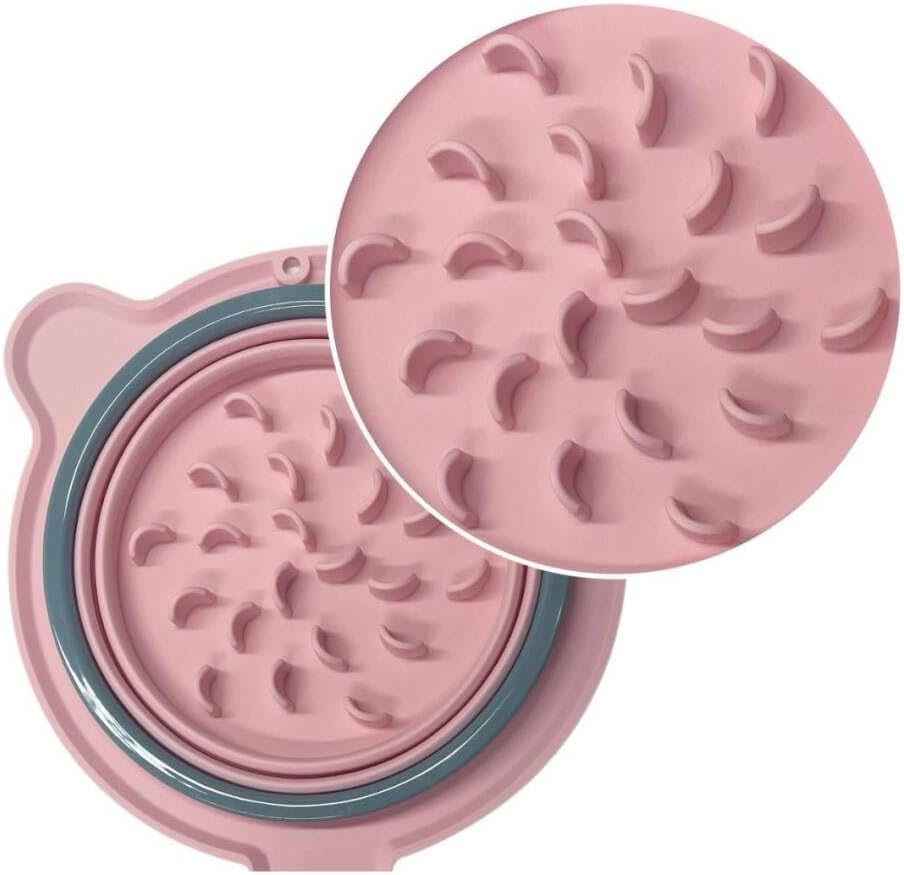 Portable Collapsible Dog Bowl - Silicone Travel Pet Bowl with Slow Feeder, Holds 500Ml Water & 300G Food, Anti-Slip, Easy to Clean, Foldable Double Bowl for Outdoor Walks (Pink) image number 2