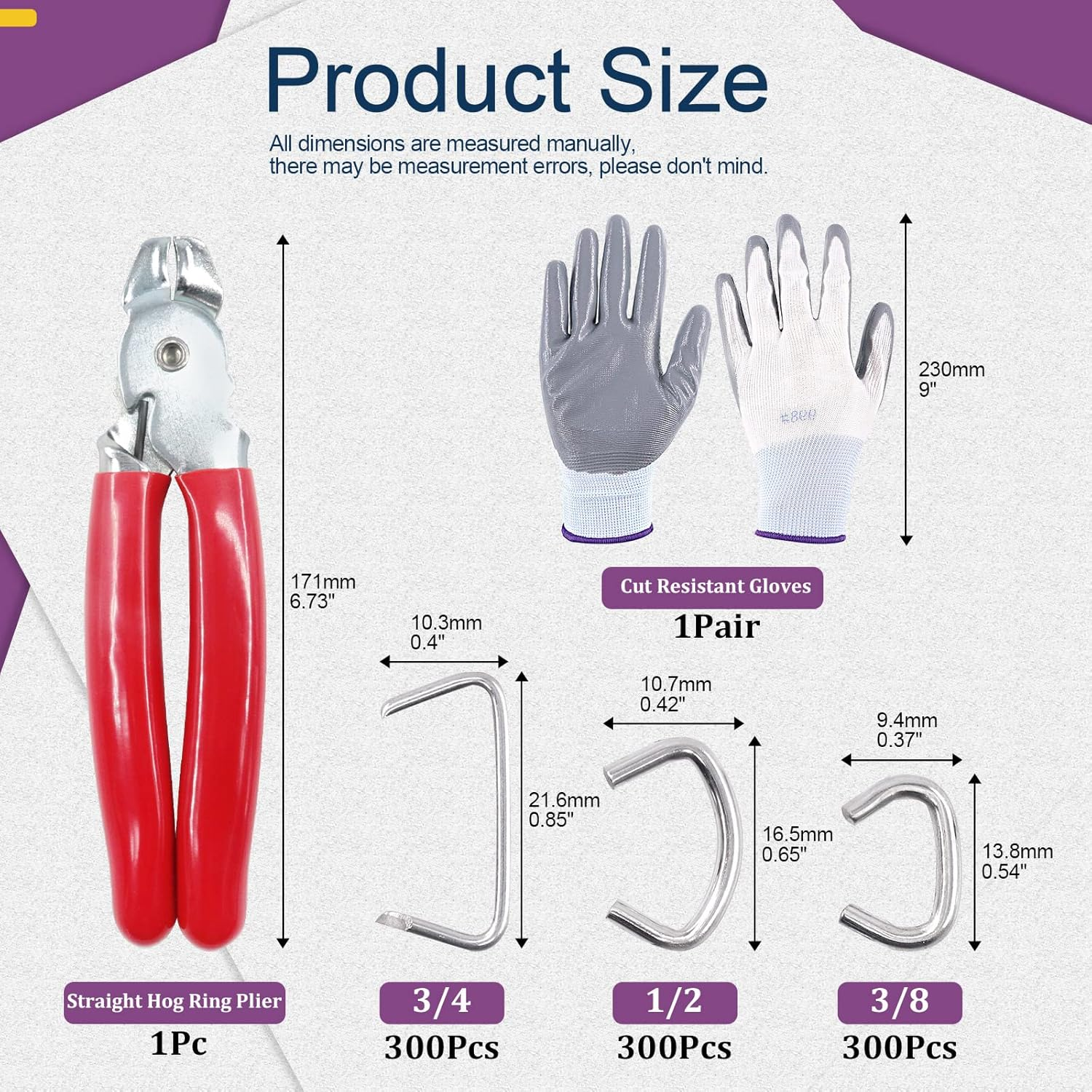 Swpeet 900Pcs 3/4" 1/2" 3/8" Galvanized Hog Rings with Straight Hog Ring Pliers Assortment Kit, Professional Upholstery Hog Rings Installation Kit for Bungee Shock, Cords, Animal Pet Cages, Bagging image number 1