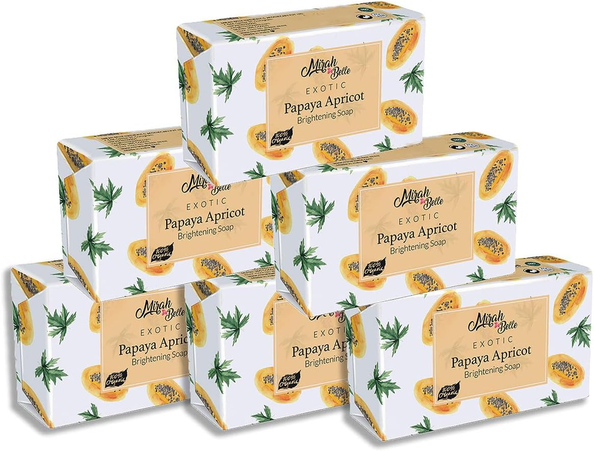 Mirah Belle - Organic Papaya Apricot Skin Brightening Soap Bar (Pack of 6-125 Gm) - for Tanned and Fatigued Skin. Helps Whiten and Brighten Skin. SLS, Paraben, Gmo-Free, 750 Gm image number 1