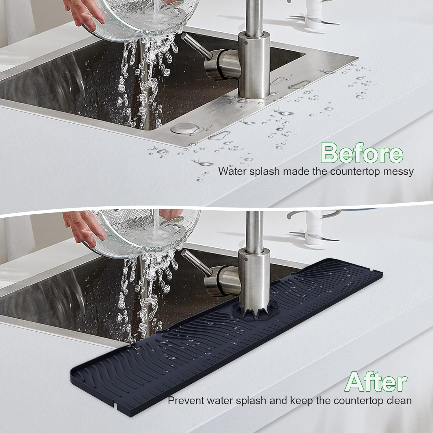 Deaunbr 33-Inch Kitchen Sink Splash Guard Mat, Silicone Material, Protects Faucet Handle, Multipurpose for Kitchen, Bathroom, Sink Sponge Holder - Black image number 5