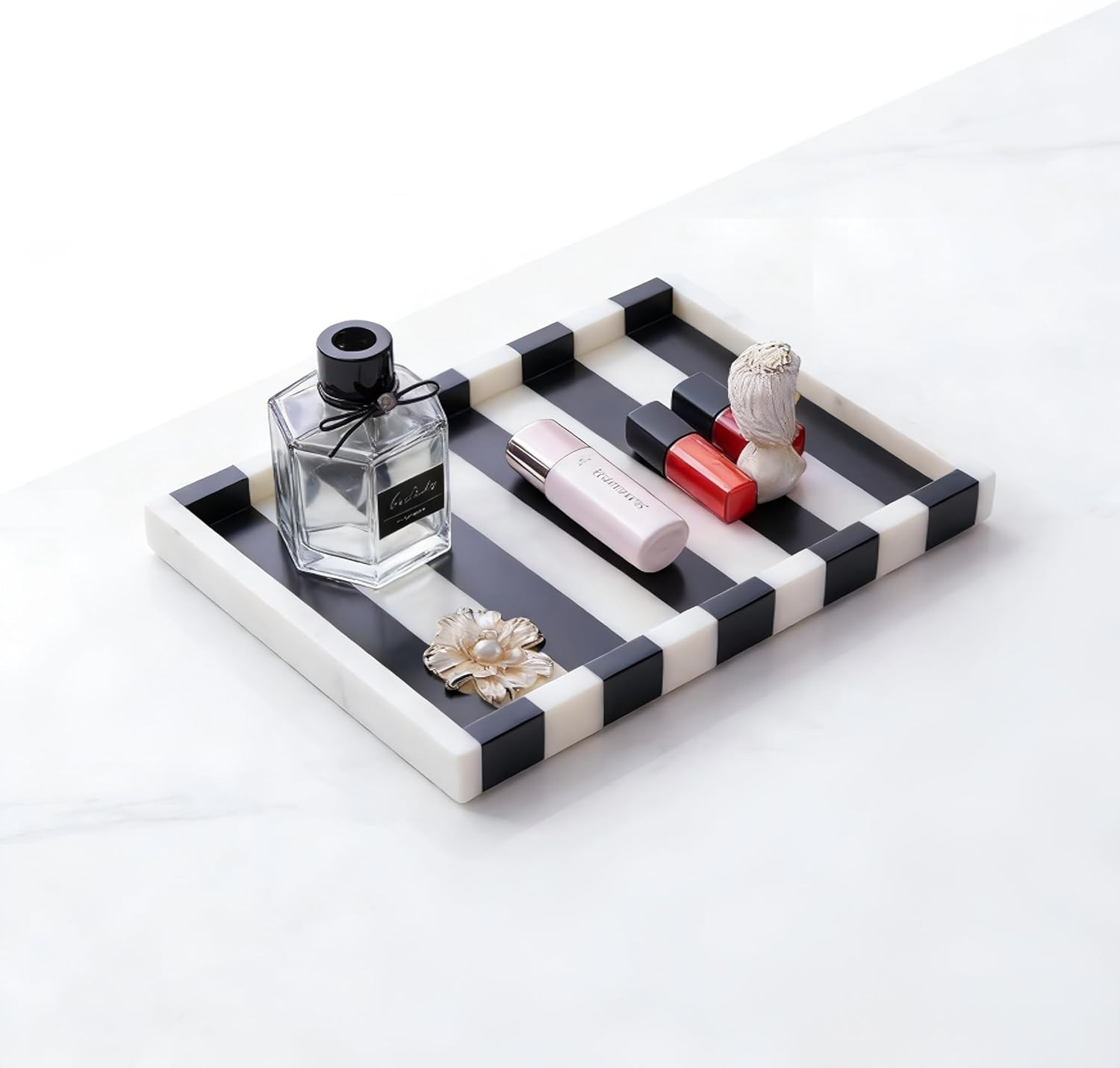 Striped Natural Marble Tray, Black White Geometric Rectangular Tray, Vanity Organizer for Jewelry, Makeup, Bath Essentials, Modern Home Decor