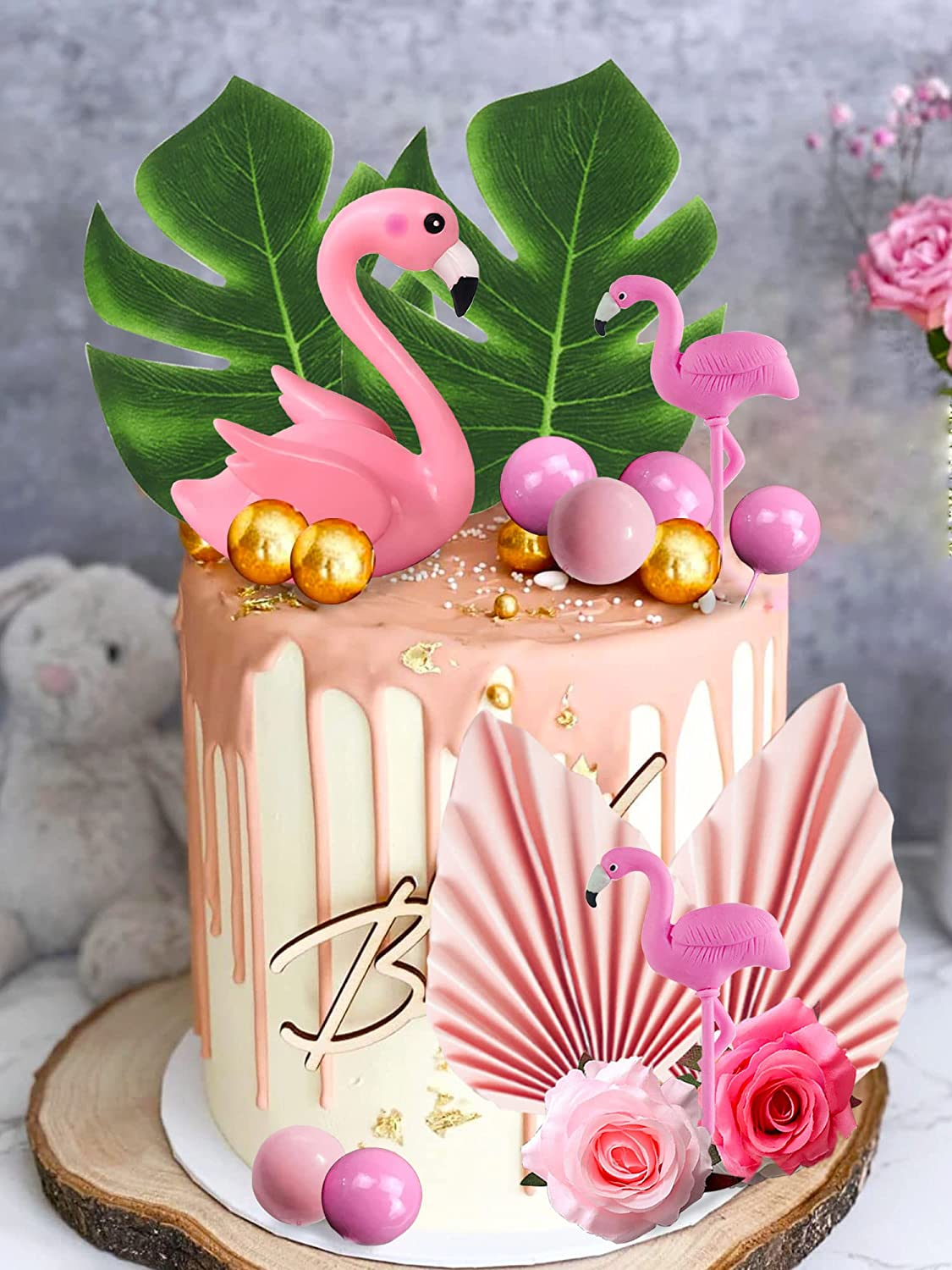 Jevenis Flamingo Cake Decoration Palm Leaves Cake Topper Gold Pink Balls Cake Decoration Rose Cake Topper Flamingo Tropical Party Supplies image number 3
