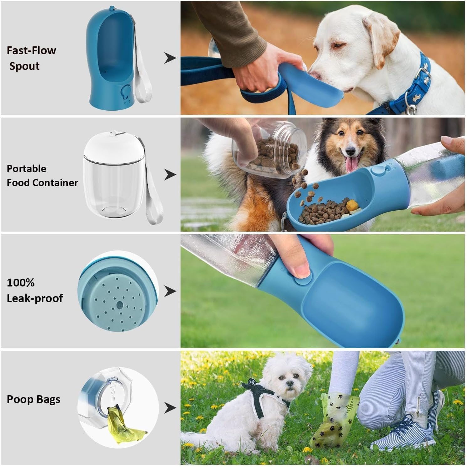 Dog Water Bottle with Food Container & Poop Bag Holder, Dog Travel Water Bowl, Portable Pet Dispenser, Dog Stuff Accessories Items, Puppy Essentials Necessities for Walking Hiking (Indigo) image number 5