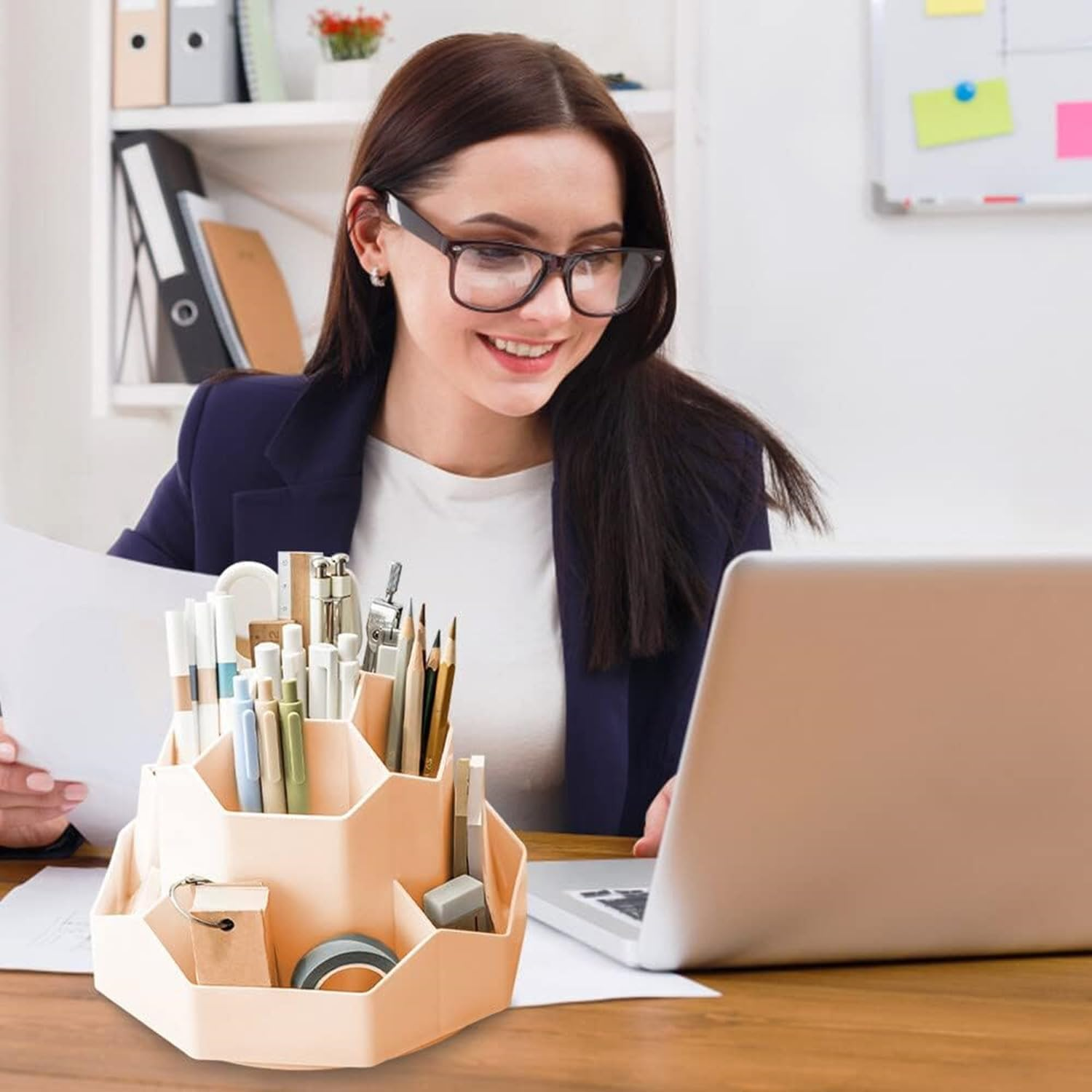 JCZD Rotating Pen Holder, Stationary Organiser, Pen Holder for Desk 9 Compartments, Upgraded Large Capacity 360&deg;Rotatable, Can Accommodate Pencils, Colored Pens, Various Stationery (Pink)