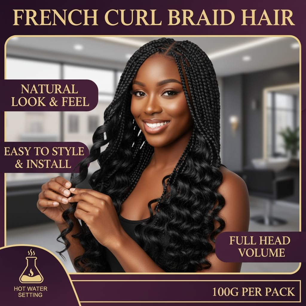 18 Inch French Curl Braiding Hair, Synthetic Fiber Curly Hair Extensions, 6 Packs, Tangle Free, Lightweight, for Braids,Ruibex image number 2