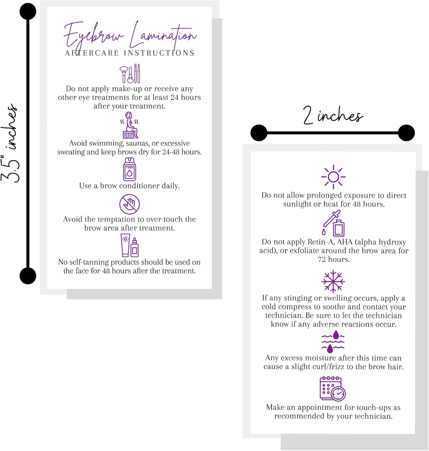 Brow Lamination Aftercare Card | 50 Pack | 2X3.5&rdquo; Inches Business Card Size | Starter Lift Kit at Home DIY Brow Lift and Tint | Snatched Brows White with Purple Design image number 4