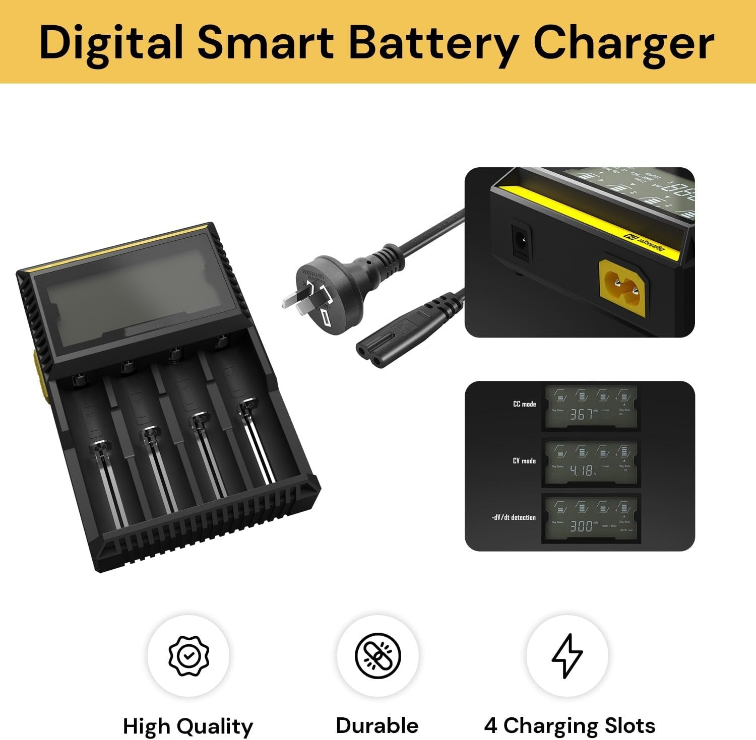 EZONEDEAL D4 Intelligent Digital LCD 4-Slot Universal Smart Battery Charger-Black