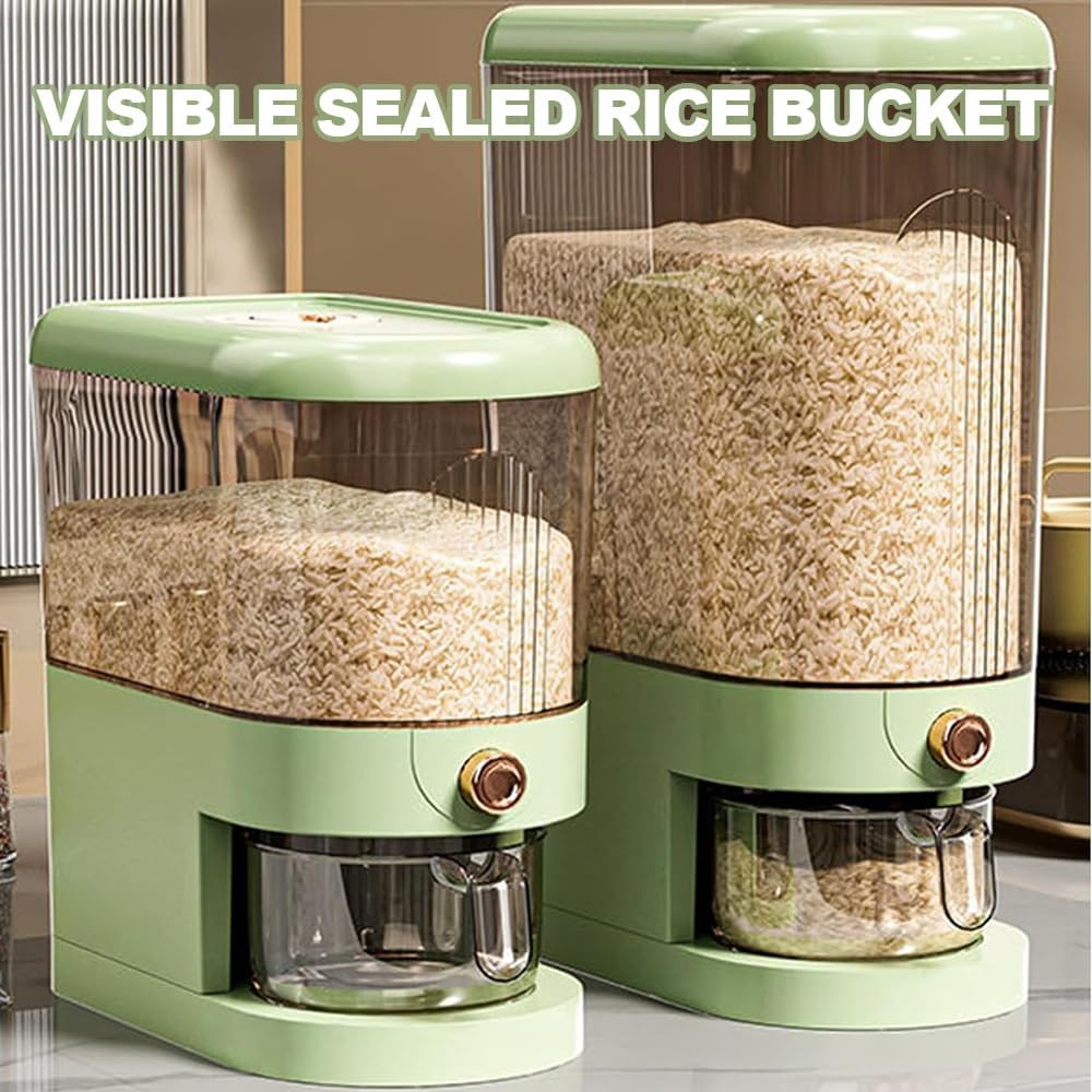 Rice Dispenser, Grain Container Storage, Measuring Cylinder with Lid, Sealed Rice Jar, Household Rice and Flour Drawer, Rice Storage Box, Grain Dispenser Barrel for Kitchen (Green, 5 KG) image number 1