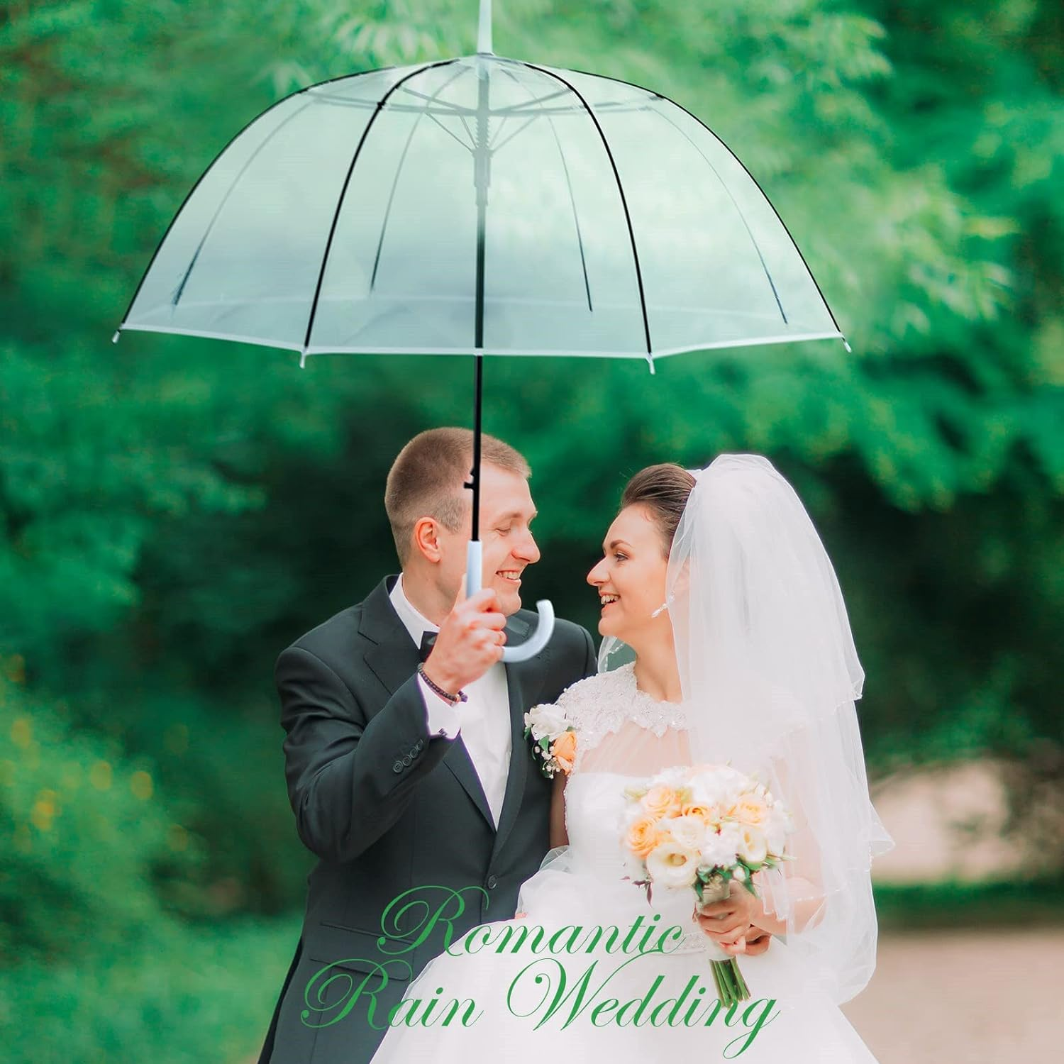 5 Pieces Clear Wedding Umbrella Automatic Open Rounded Umbrella Windproof Bubble Umbrella J Handle Large Canopy Stick Umbrella for Bride Groom Photography Rain Ceremony,White Transparent Umbrella image number 5