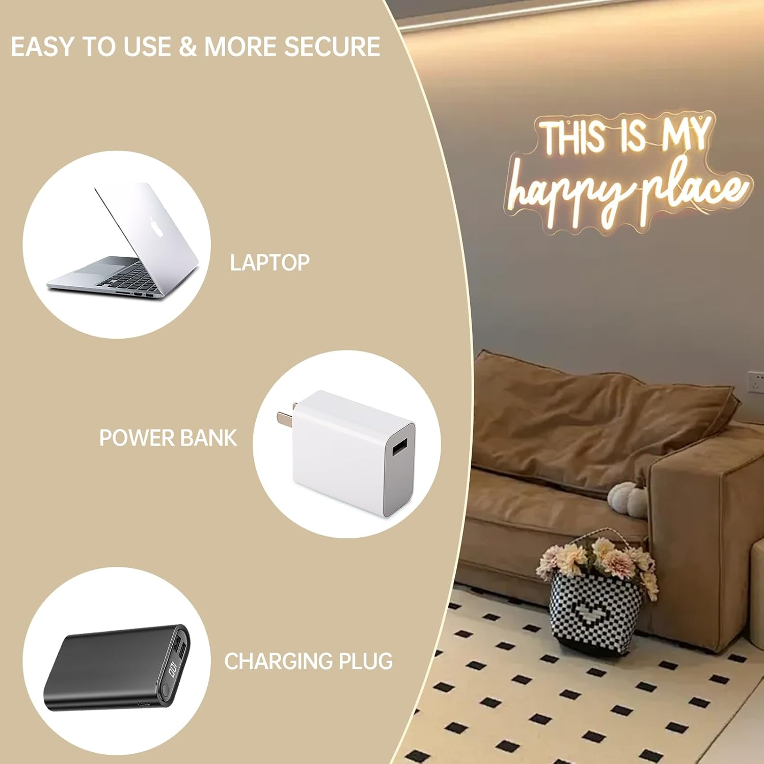 Neon Lights for Wall Decor - This Is My Happy Place Neon Signs for Teen Girls Bedroom Decor, Led Sign for Wall Decor, Nightstand Light, Dimmable Switch USB Power, Adhesive Hook Included - Neon Pink image number 3