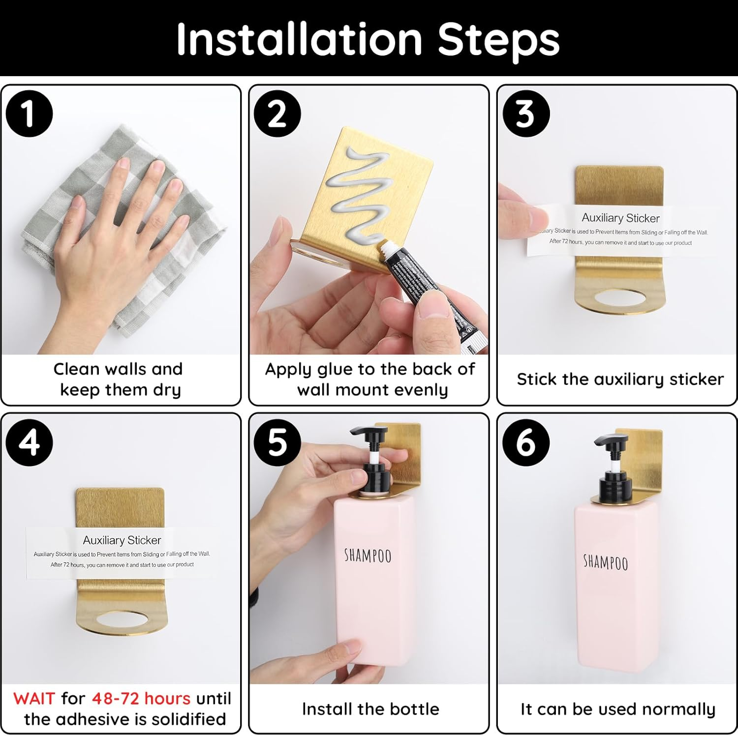 Segbeauty Stainless Soap Bottle Dispenser Holder, Pack of 3, Dia 1.1In/2.8Cm, Drill-Free, Adhesive Wall Mount, Gold image number 4