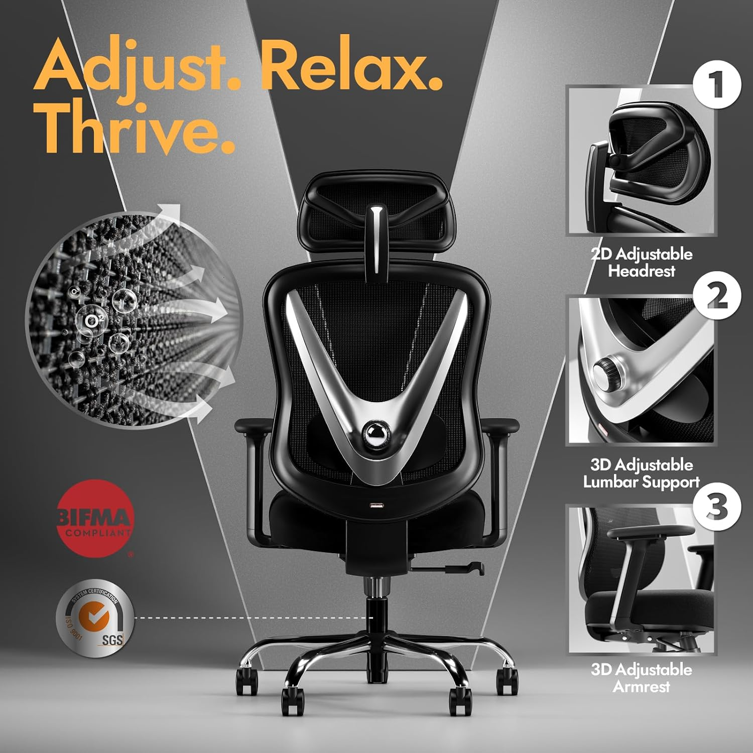 HOLLUDLE Ergonomic Mesh Office Chair - 3D Adjustable Lumbar Support, 3D Armrests, V-Shaped Back | Adjustable Desk Chair for Office & Home, Black image number 2