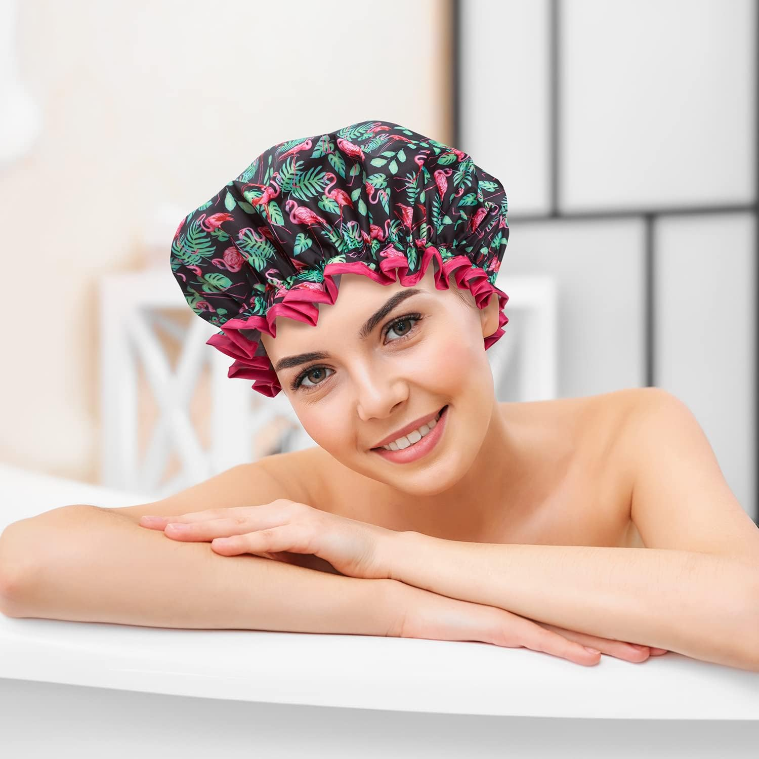 Bodylife Shower Cap Reusable Bath Cap Dual Layered Waterproof Flamenco Flamingo 27Cm