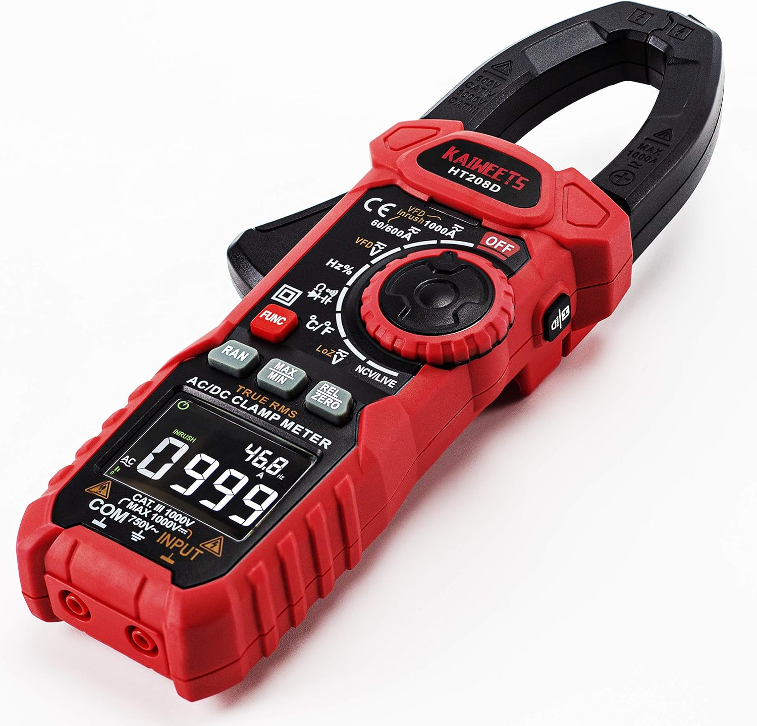 KAIWEETS Inrush Clamp Meter 1000A True RMS AC/DC Current Amp Meter, VFD, LOZ Mode, 6000 Counts, Measures Current Voltage Temperature Capacitance Resistance Diodes Continuity Duty-Cycle (HT208D) image number 6
