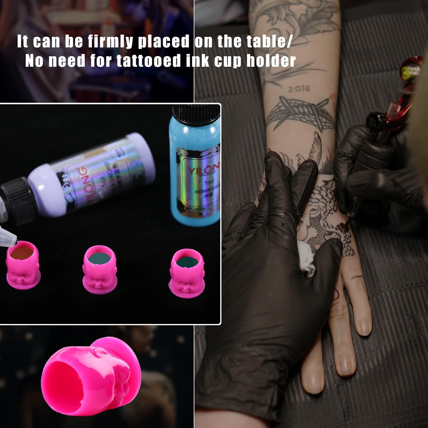 YILONG 200PCS Disposable Tattoo Ink Caps Doll Tattoo Ink Cups with Stable Base Permanent Makeup Pigment Holder Container Cap Tattoo Accessory Tattoo Supplies,Rose Red - Doll 200Pcs-Black image number 6