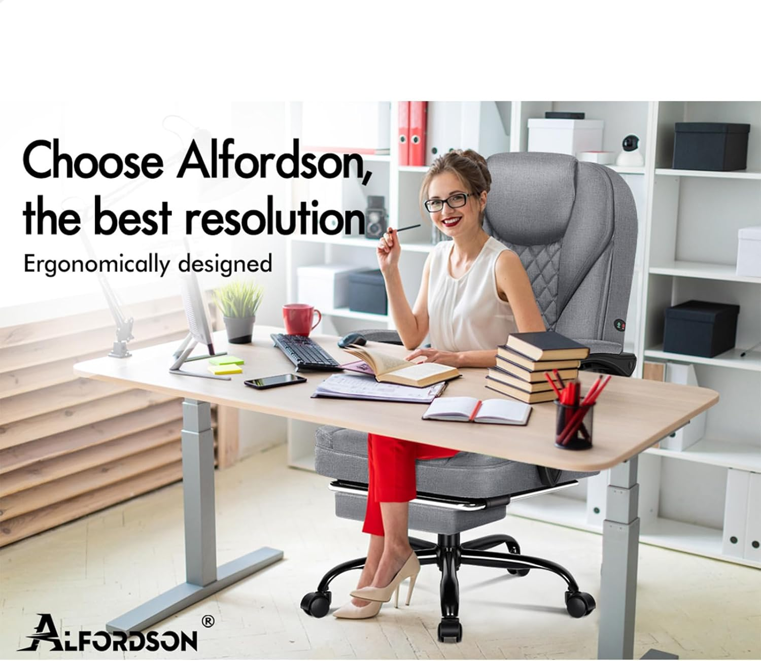 ALFORDSON Avery Fabric Grey Office Chair with 150&deg; Recline & 2-Point Massage, Ergonomic Computer Desk Chair with SGS Approved Gas-Lift, Executive Home Desk Chair Video Game Chair image number 6